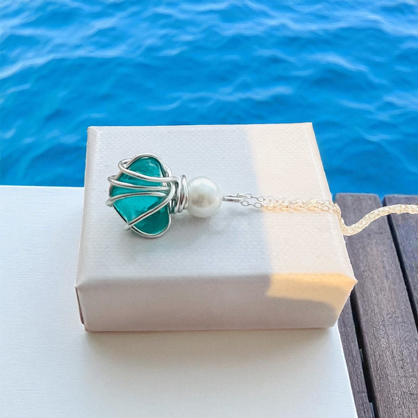 Turquoise Seaham Sea Glass and Glass Pearl Pendant