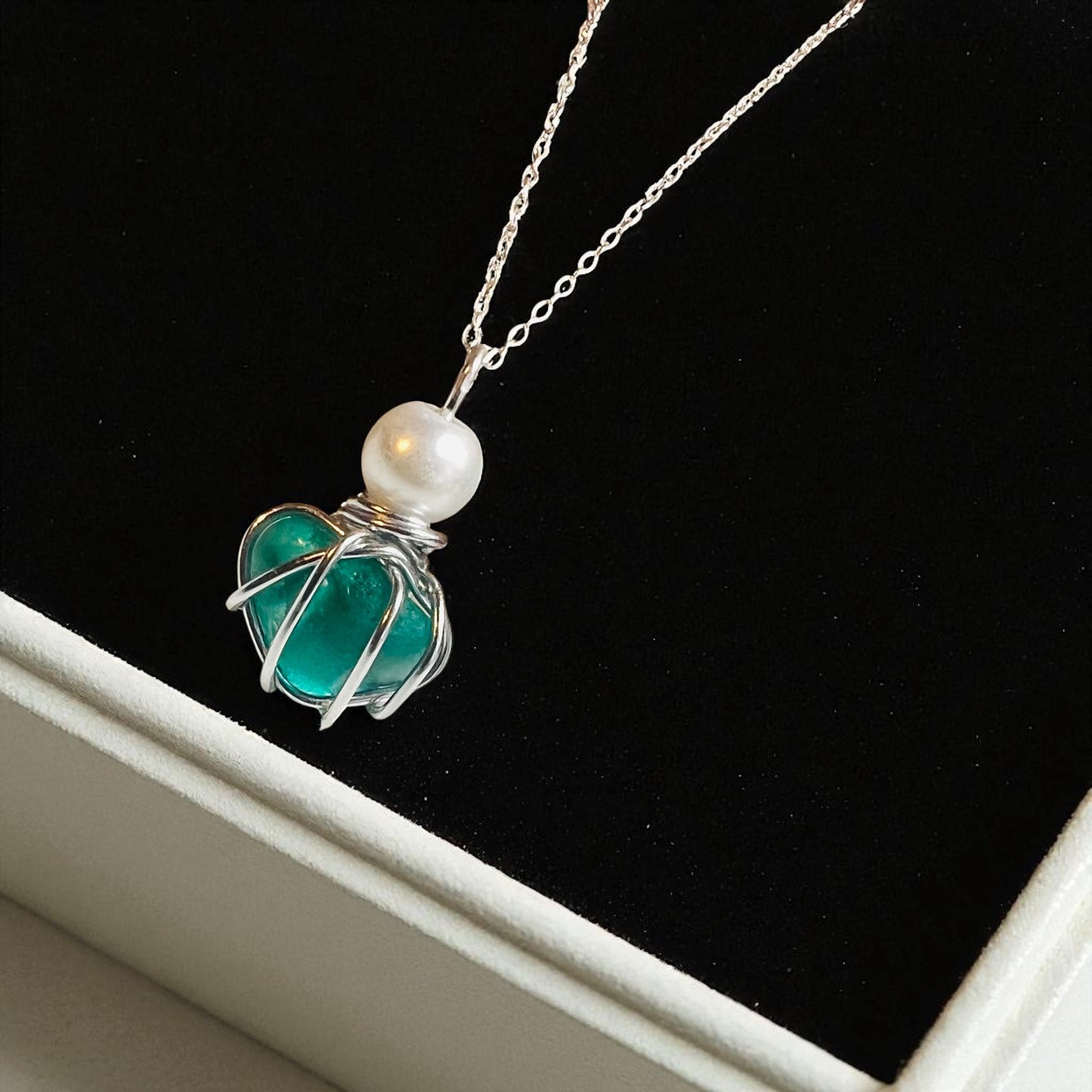 Turquoise Seaham Sea Glass and Glass Pearl Pendant