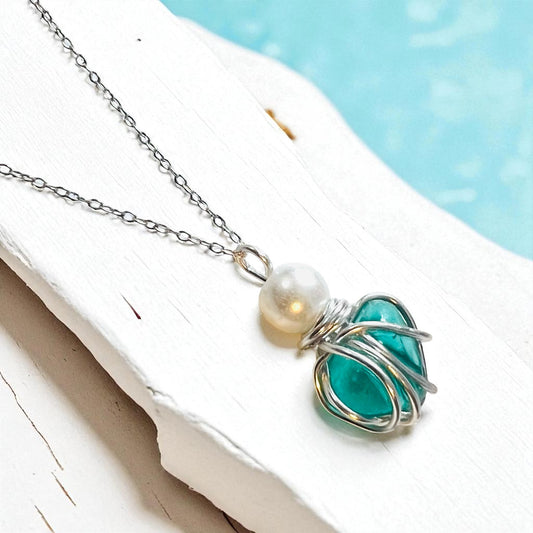 Turquoise Seaham Sea Glass and Glass Pearl Pendant