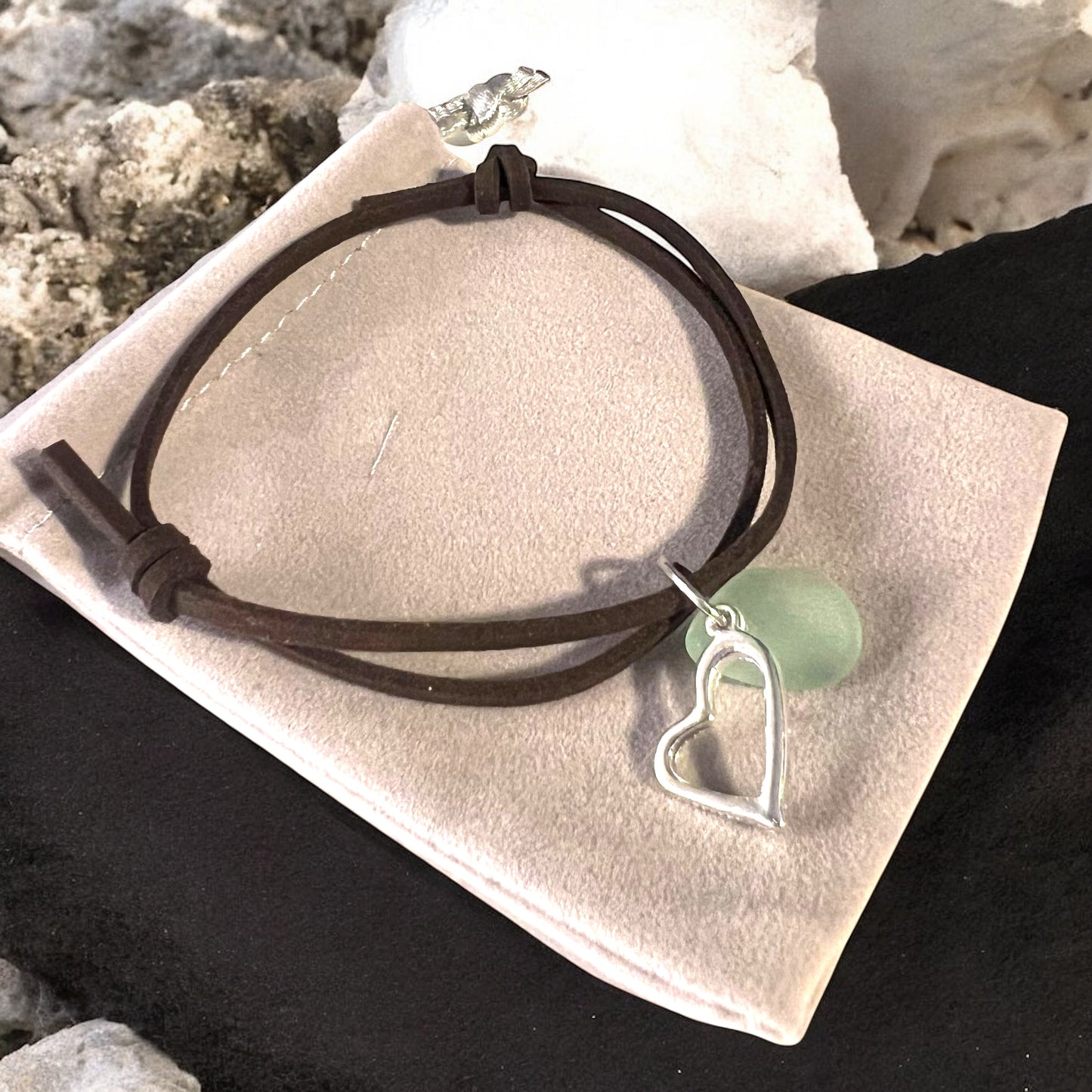 Sea Glass Heart Charm amd Sea Glass Suede Cord Bracelet