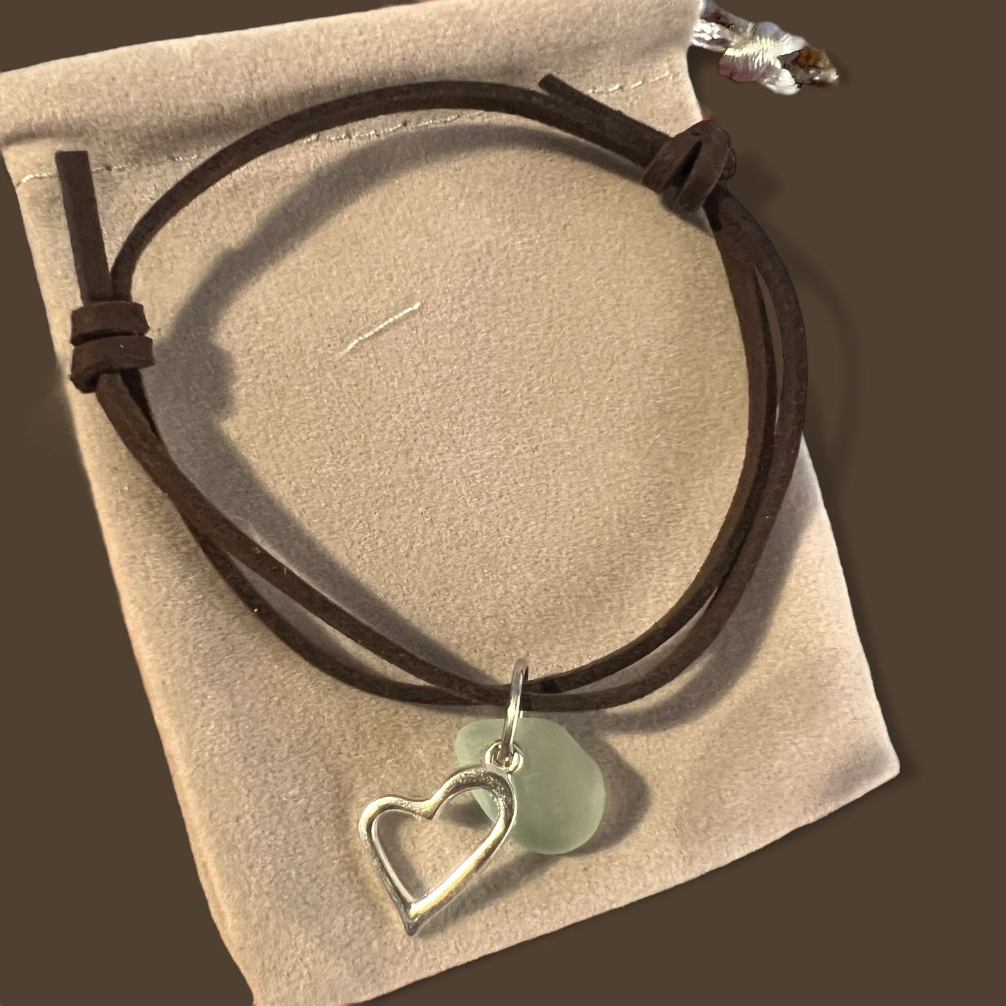 Sea Glass Heart Charm amd Sea Glass Suede Cord Bracelet