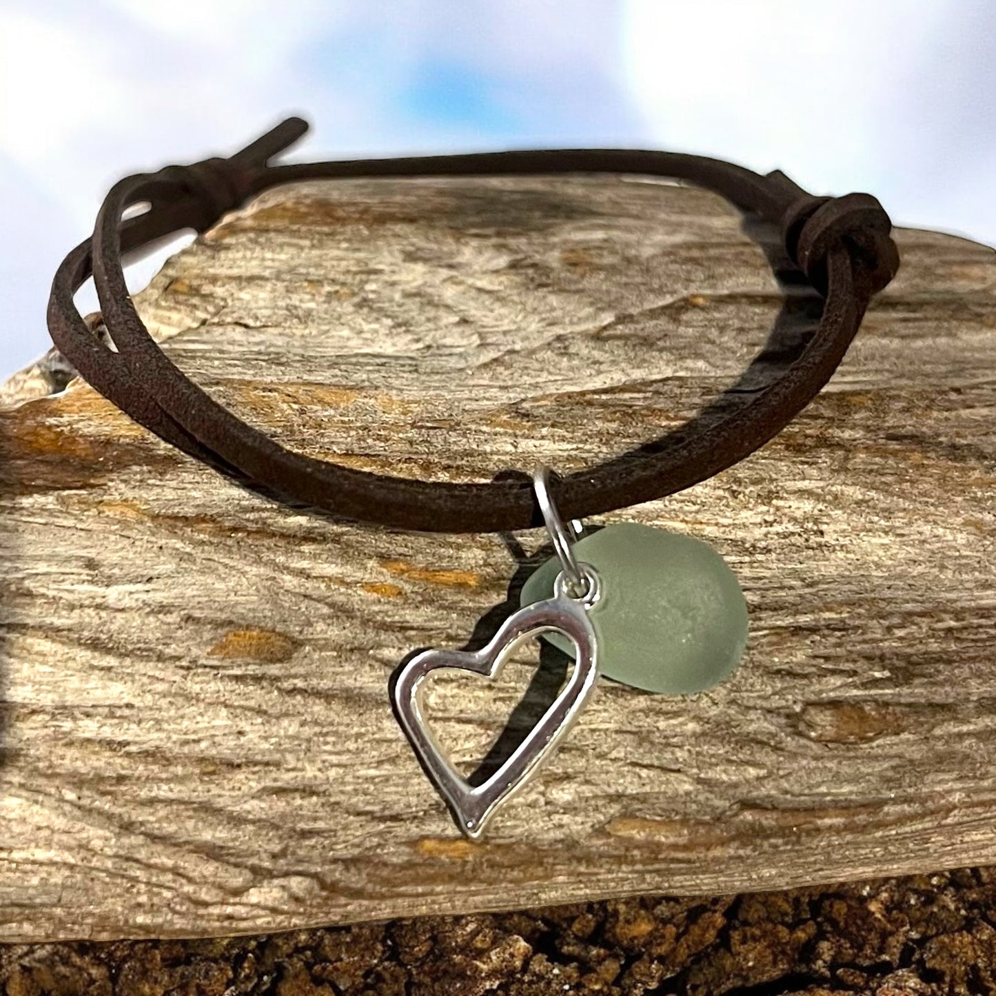 Sea Glass Heart Charm amd Sea Glass Suede Cord Bracelet