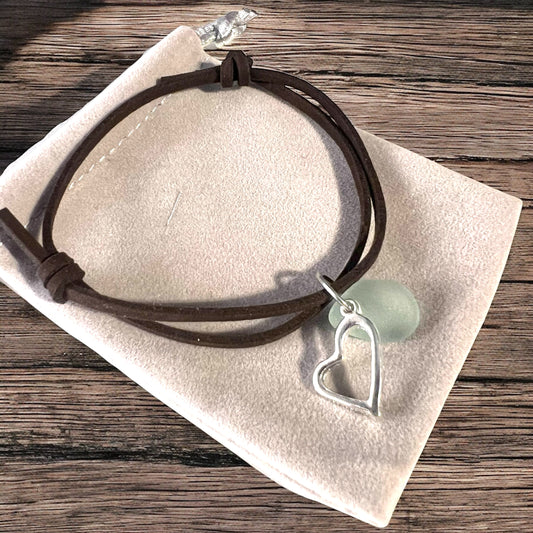 Sea Glass Heart Charm amd Sea Glass Suede Cord Bracelet