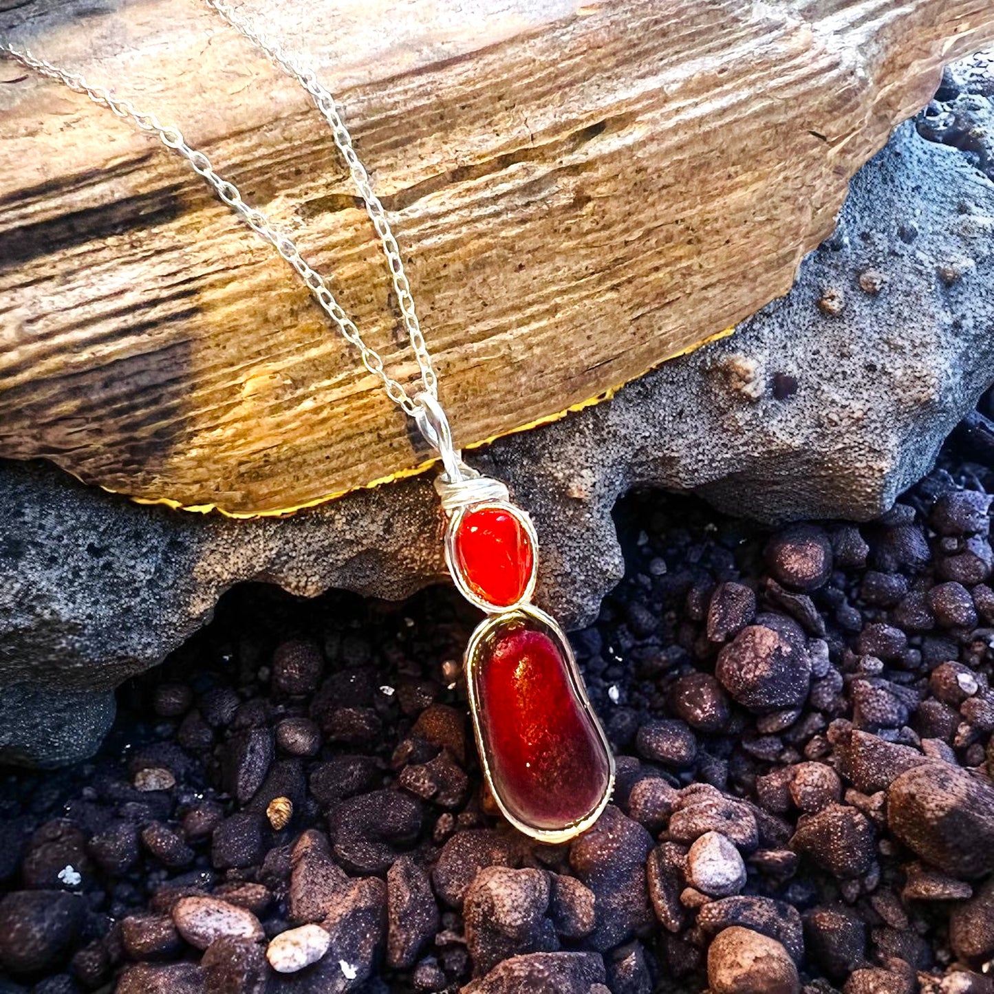 Rare Red and Orange Seaham Sea Glass Pendant