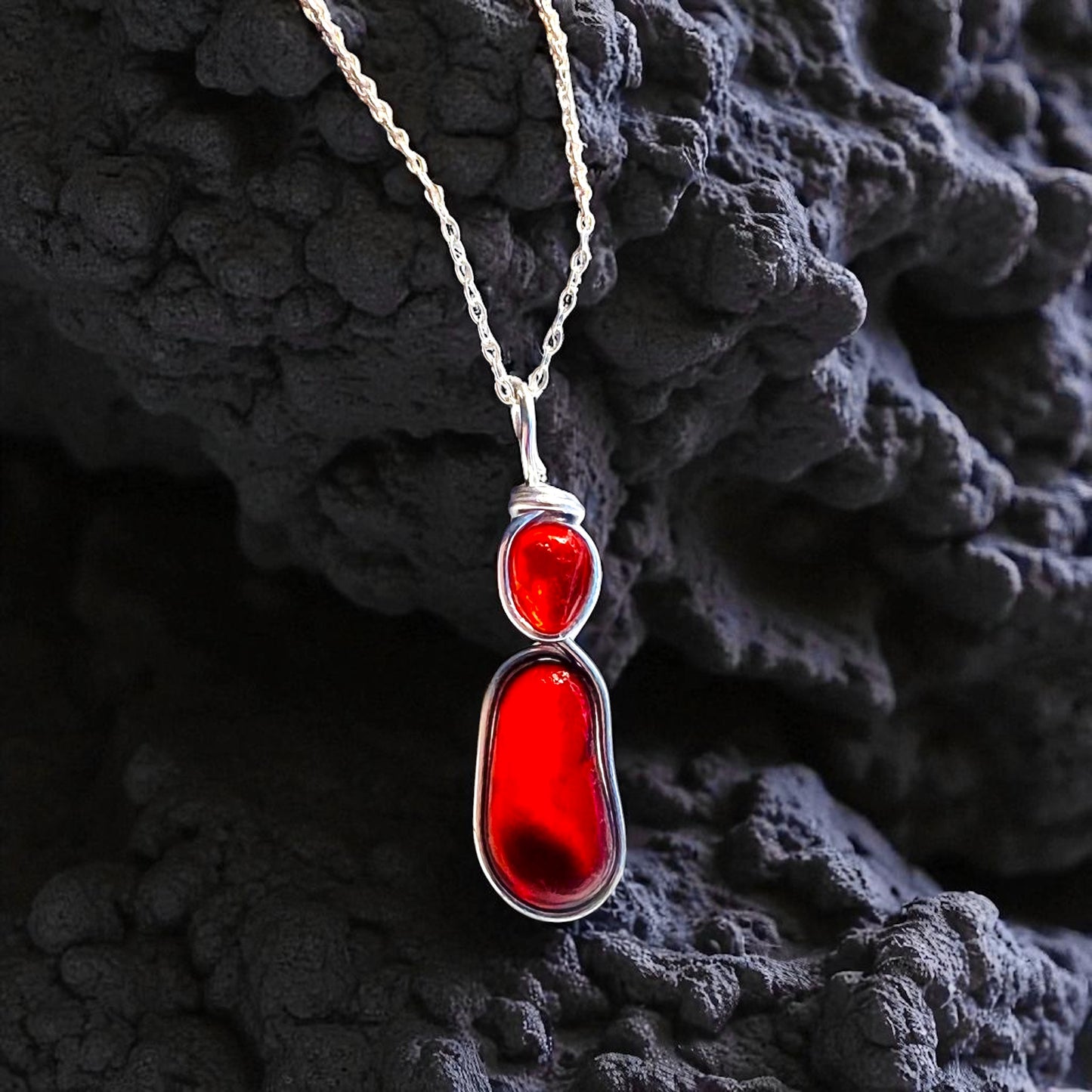 Rare Red and Orange Seaham Sea Glass Pendant