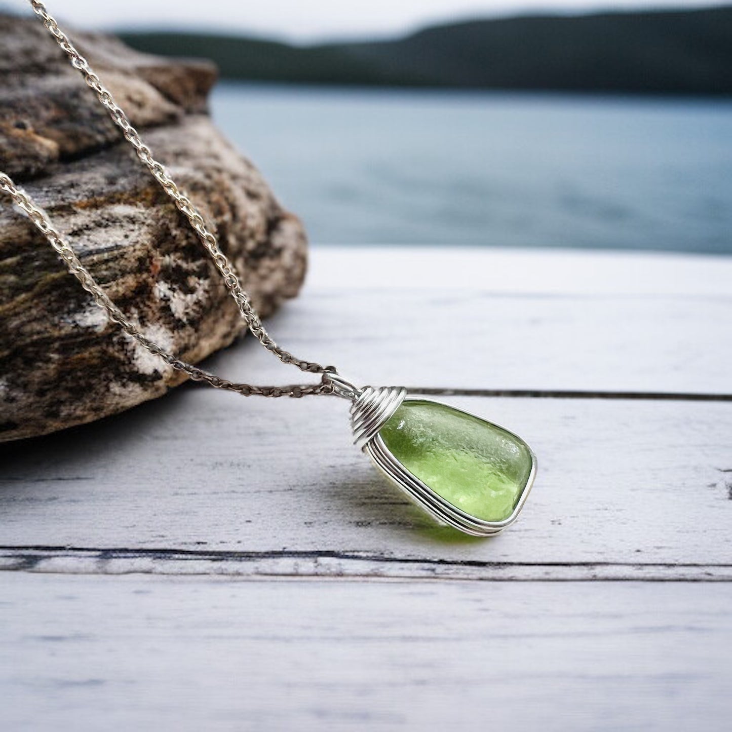 Lime Green Seaham Sea Glass and Glass Pearl Pendant