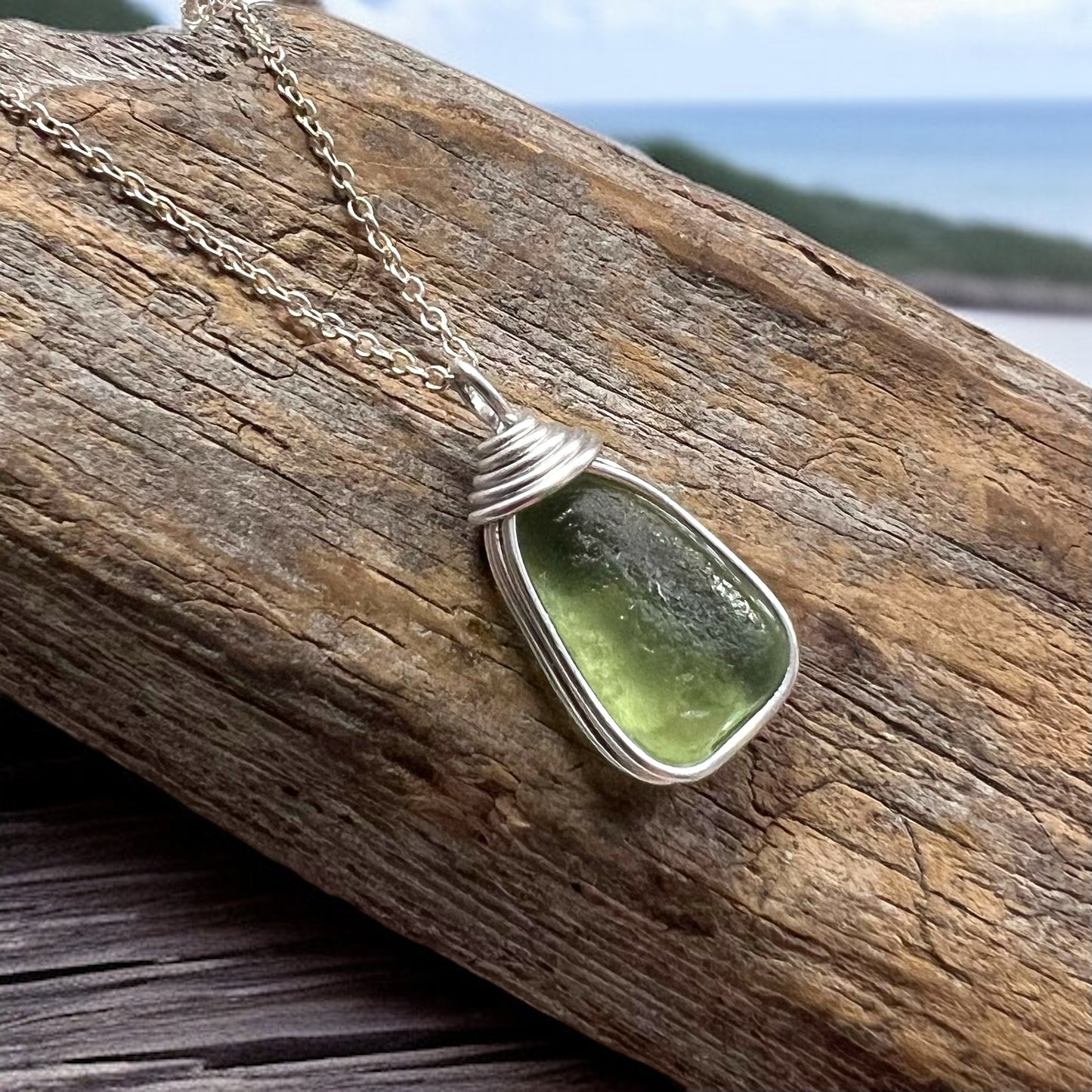 Lime Green Seaham Sea Glass and Glass Pearl Pendant