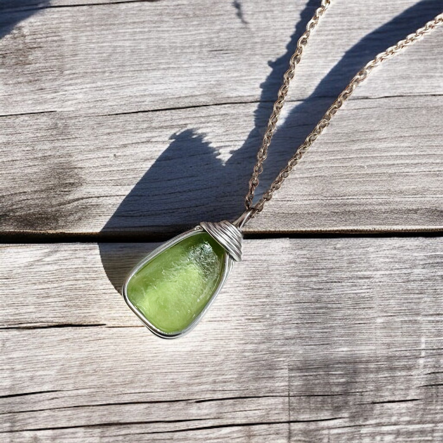 Lime Green Seaham Sea Glass and Glass Pearl Pendant