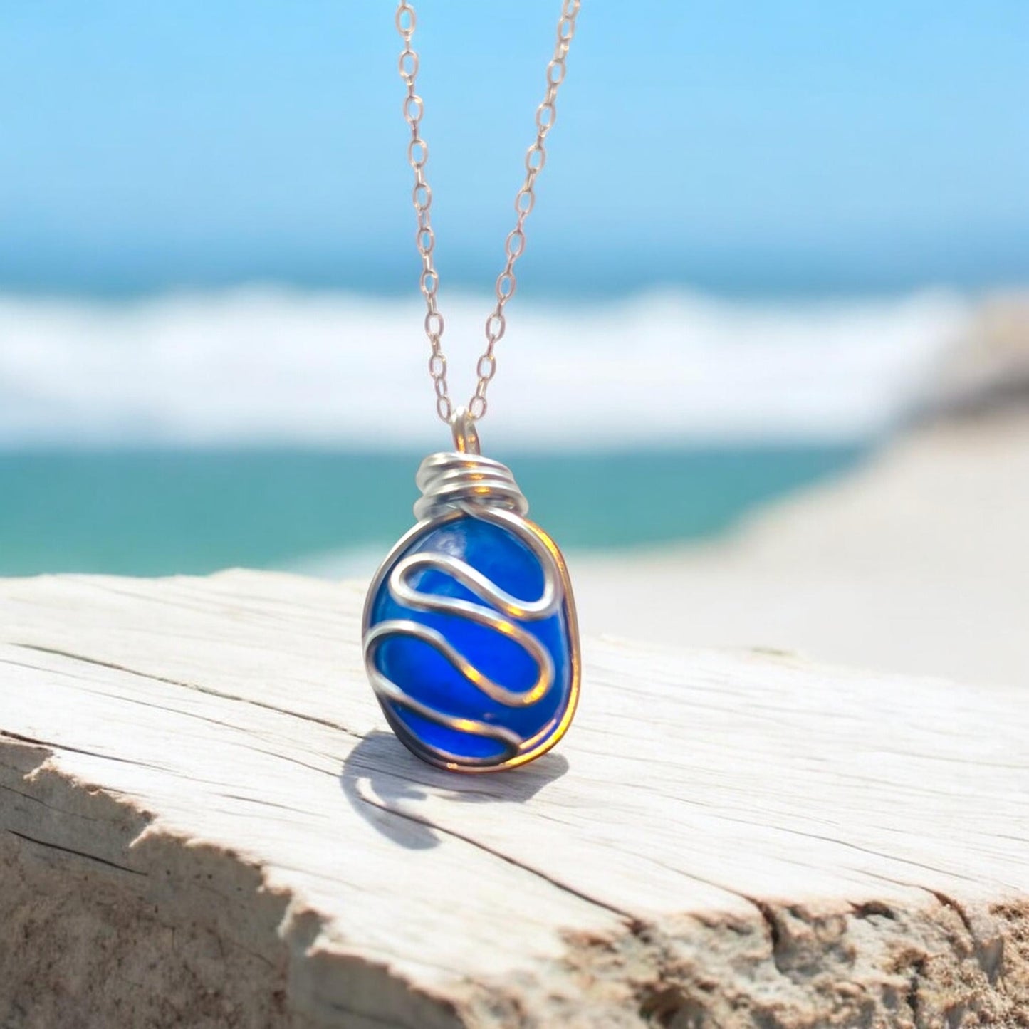 Cobalt Blue Seaham Sea Glass Waves Pendant