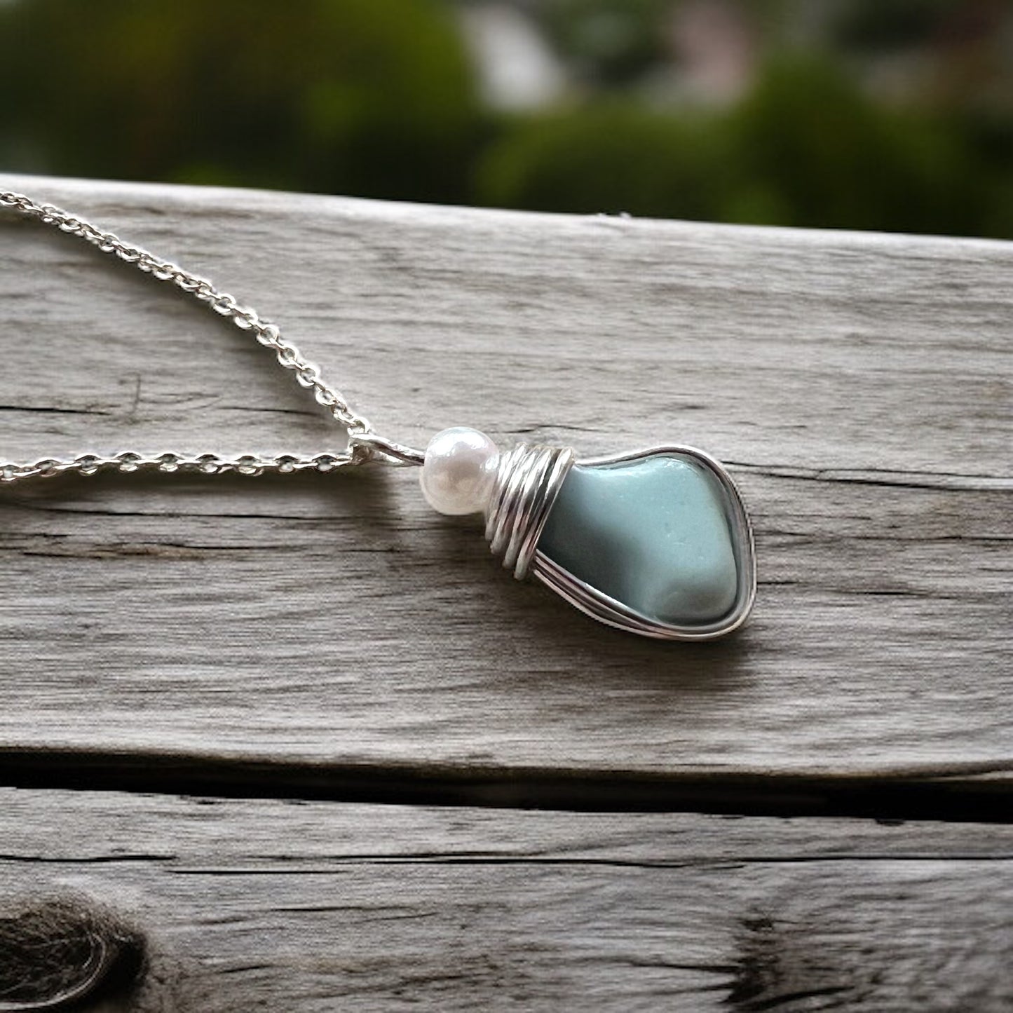 Blue Milky Seaham Sea Glass and Glass Pearl Pendant