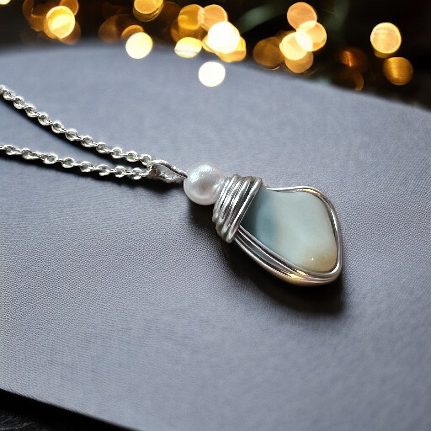 Blue Milky Seaham Sea Glass and Glass Pearl Pendant