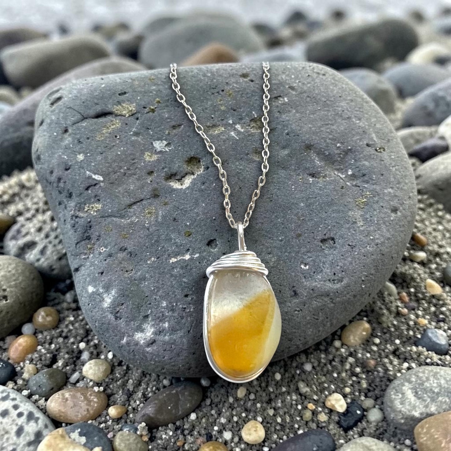 Yellow and White Seaham Sea Glass Pendant