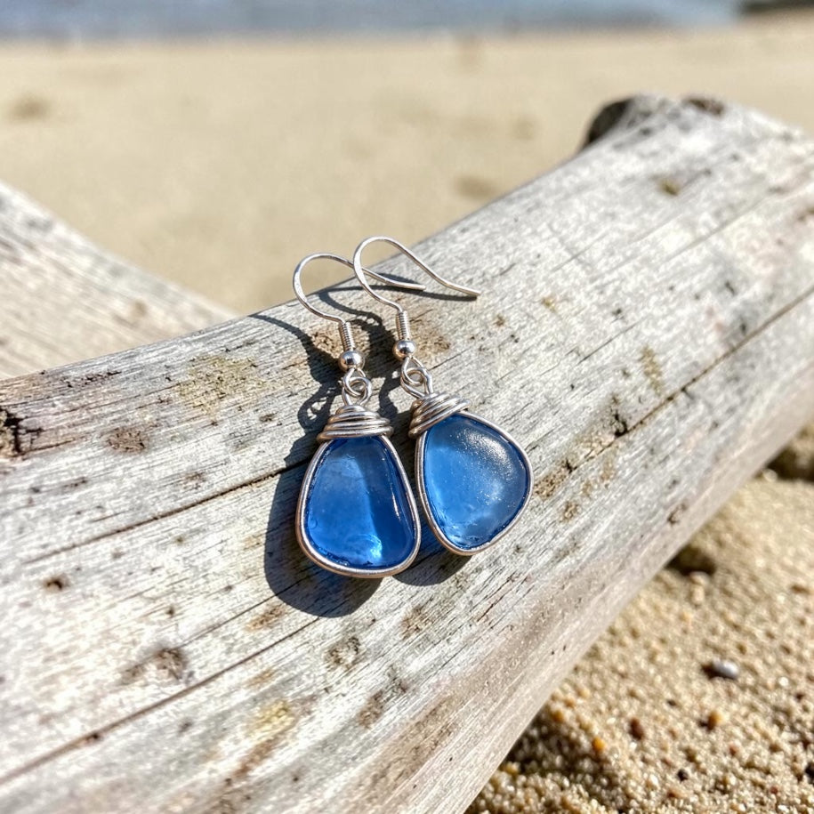 Canary Island Mid Blue Sea Glass Earrings