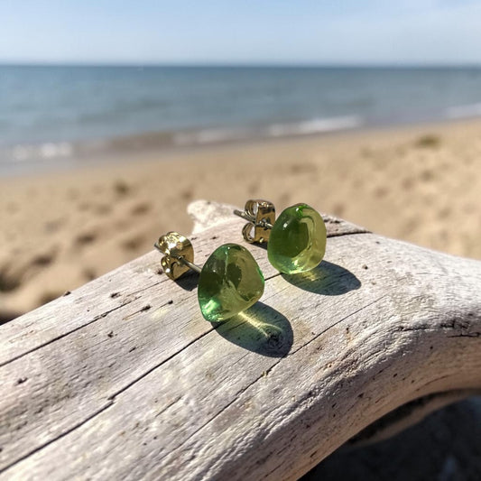 Rare Lime Green Spanish Sea Glass Stud Earrings