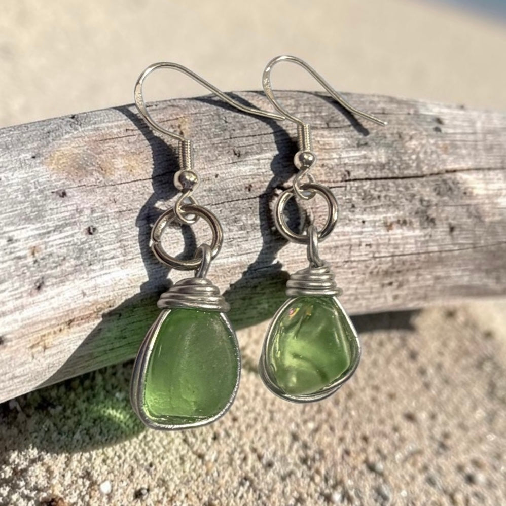 Canary Island Bright Lime Green Sea Glass Earrings