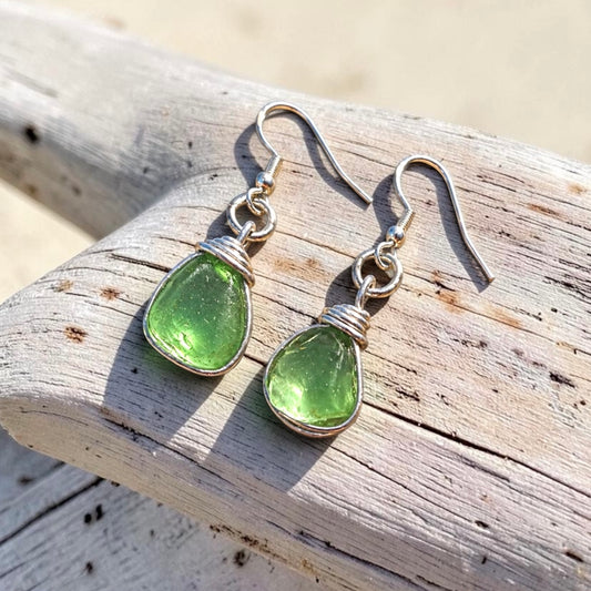 Canary Island Bright Lime Green Sea Glass Earrings