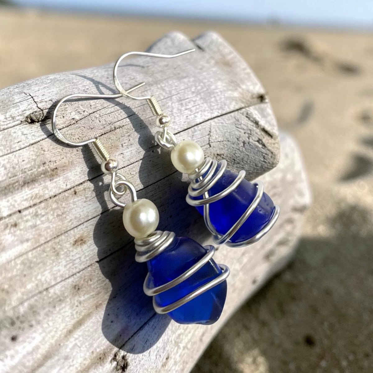 Deep Kent Blue Sea Glass Earrings