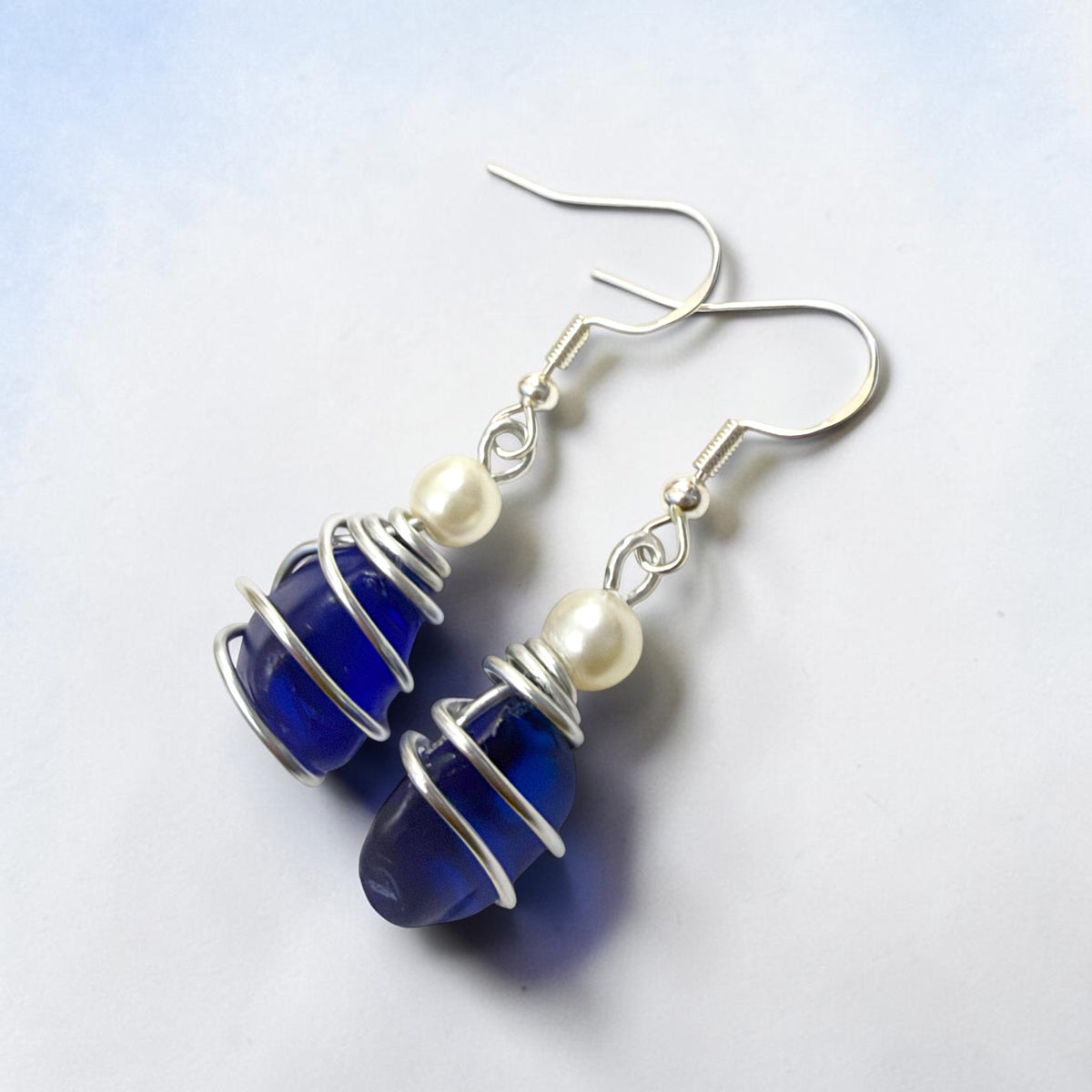 Deep Kent Blue Sea Glass Earrings