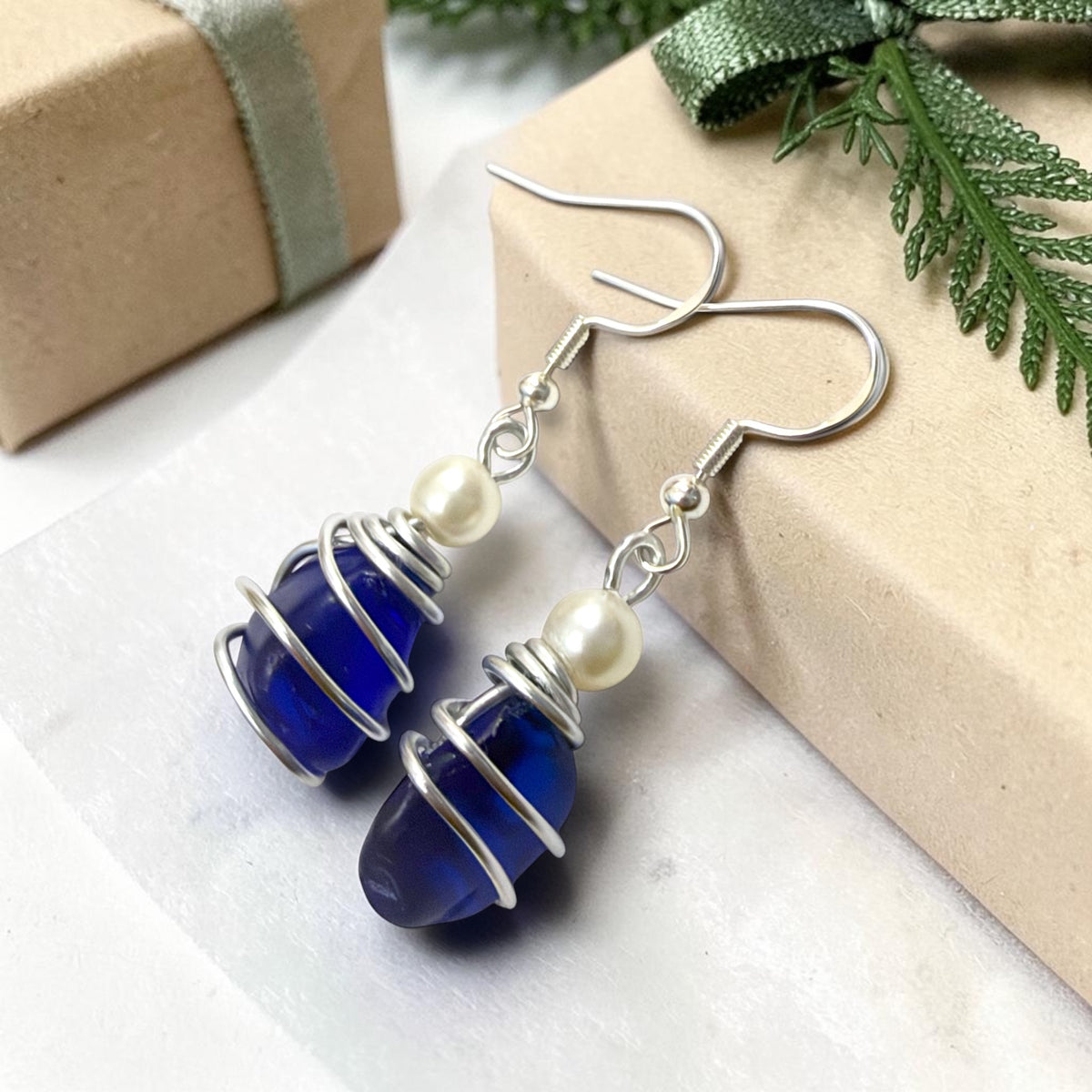Deep Kent Blue Sea Glass Earrings