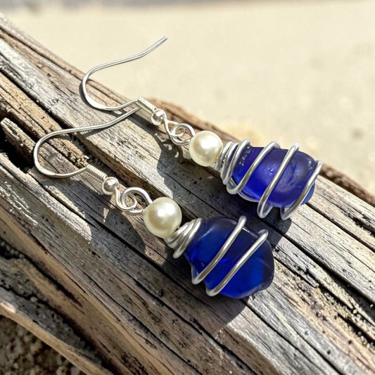 Deep Kent Blue Sea Glass Earrings