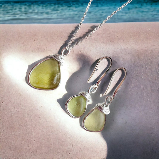 Lime Green Seaham Sea Glass Jewellery Set