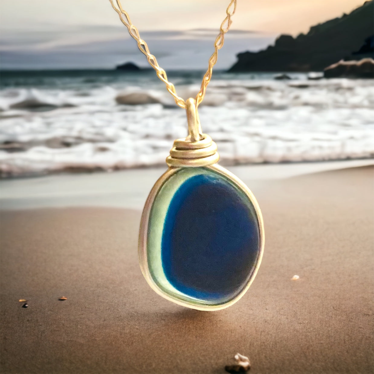 Large Blue Multi Tone Seaham Sea Glass Pendant