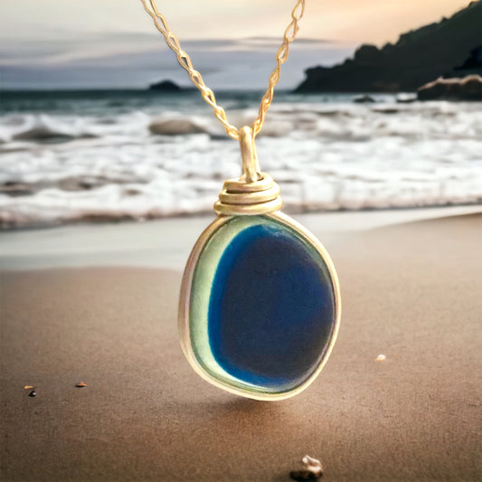 Large Blue Multi Tone Seaham Sea Glass Pendant