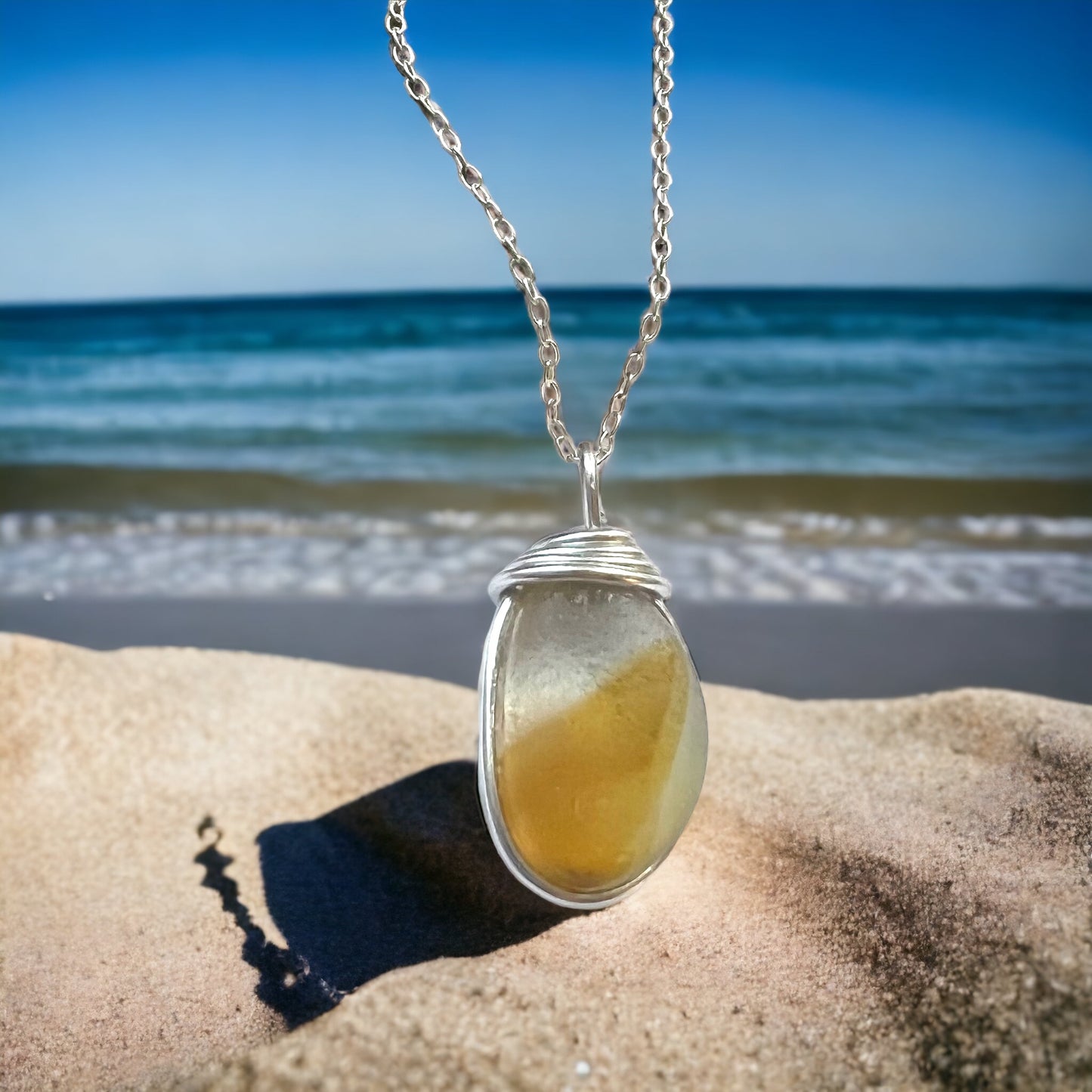 Yellow and White Seaham Sea Glass Pendant