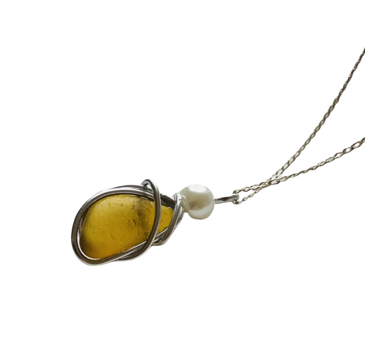 Yellow Seaham Sea Glass Pendant on a 20” Sterling silver chain