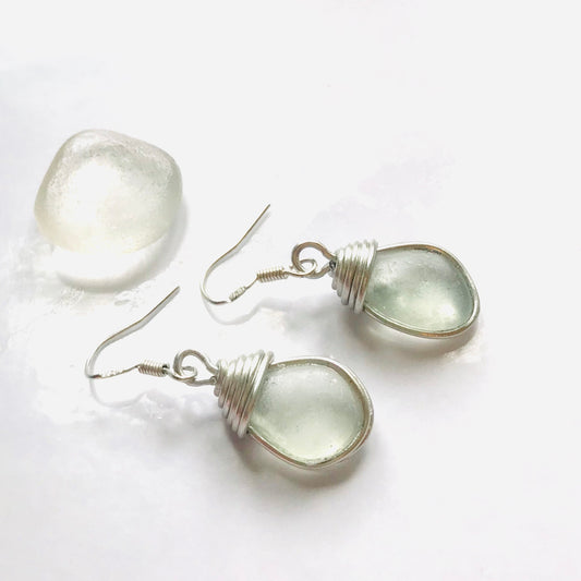 White Dangly Devon Sea Glass Earrings