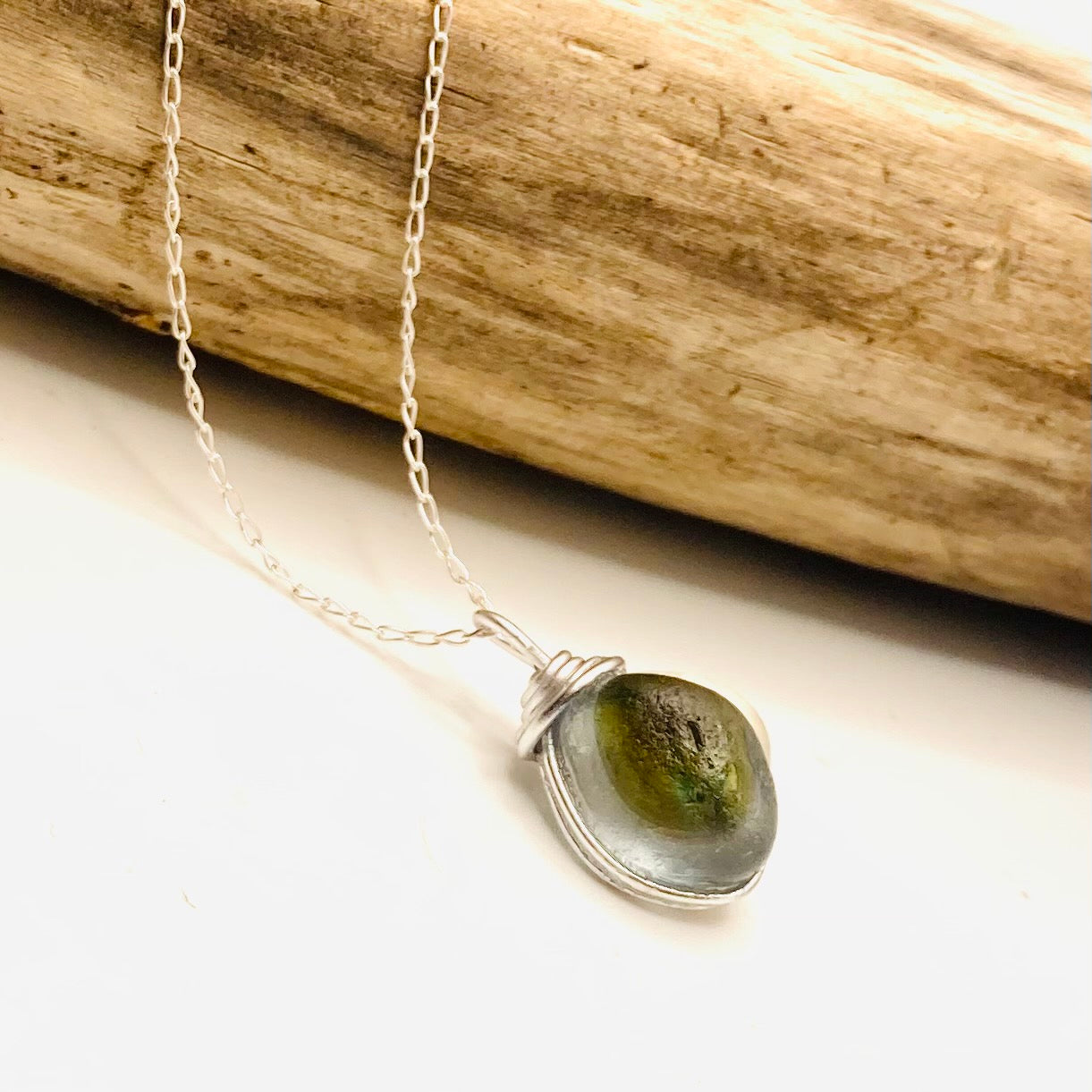 Olive Green Seaham Sea Glass Chunky Pendant
