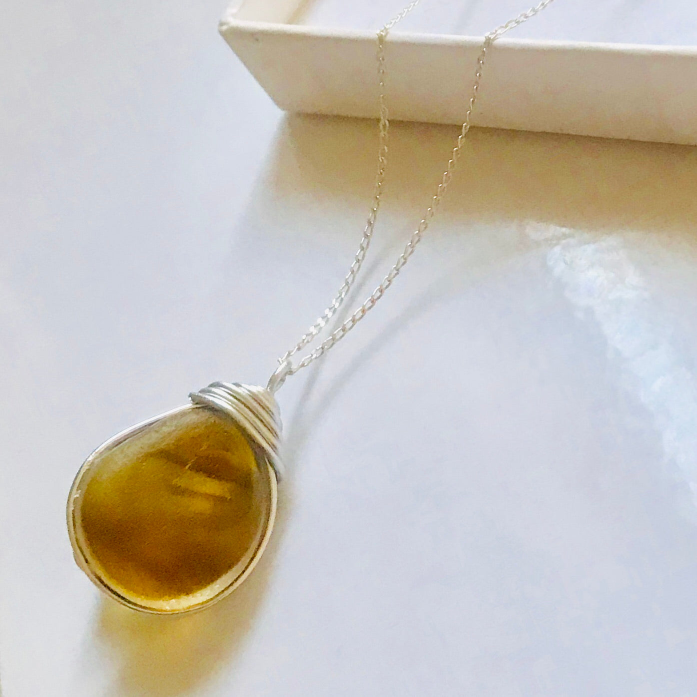 Yellow & Orange Seaham Sea Glass Pendant On a 20” Sterling Silver Chain