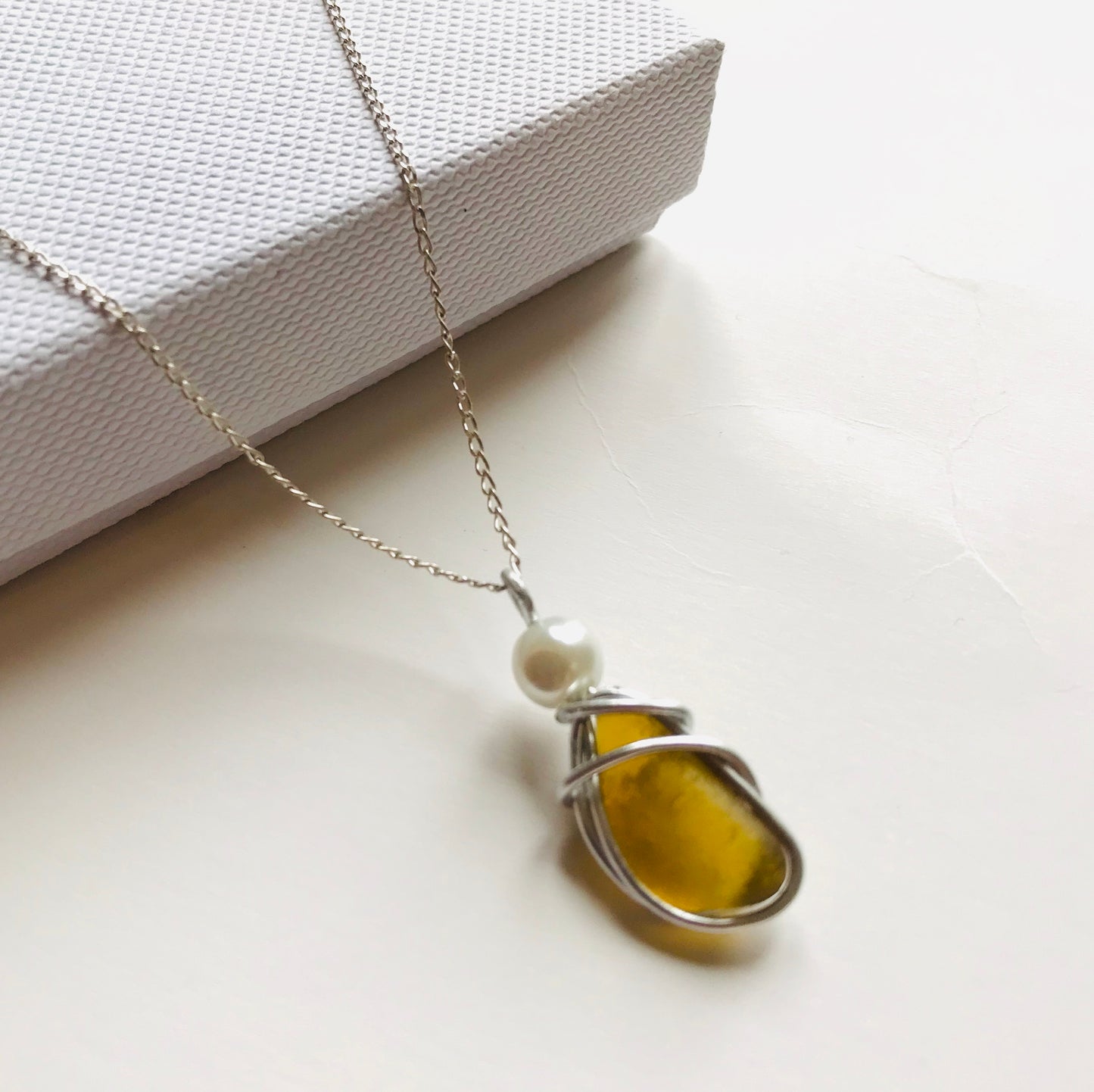 Yellow Seaham Sea Glass Pendant on a 20” Sterling silver chain