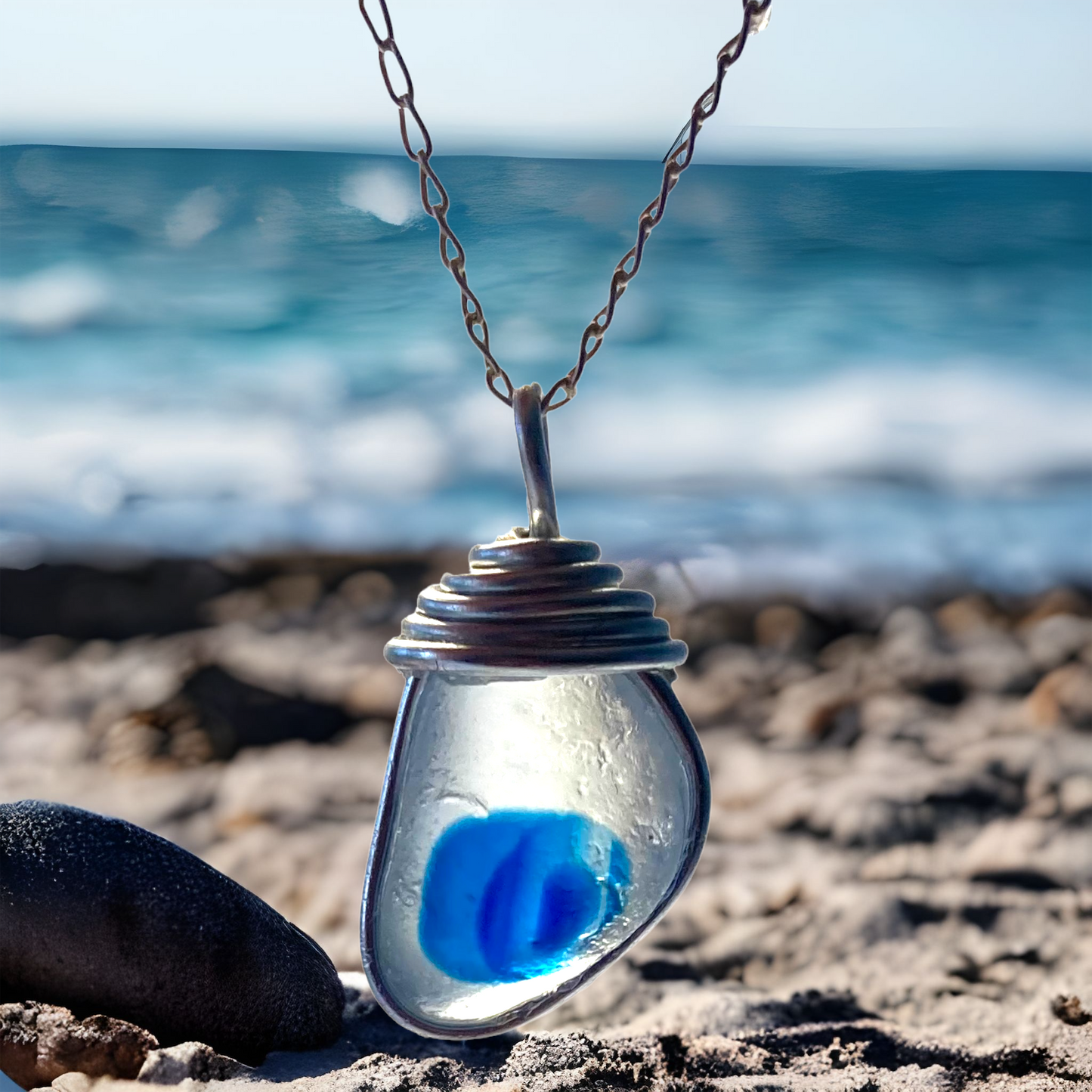 Seaham Sea Glass Blue and White Pendant .