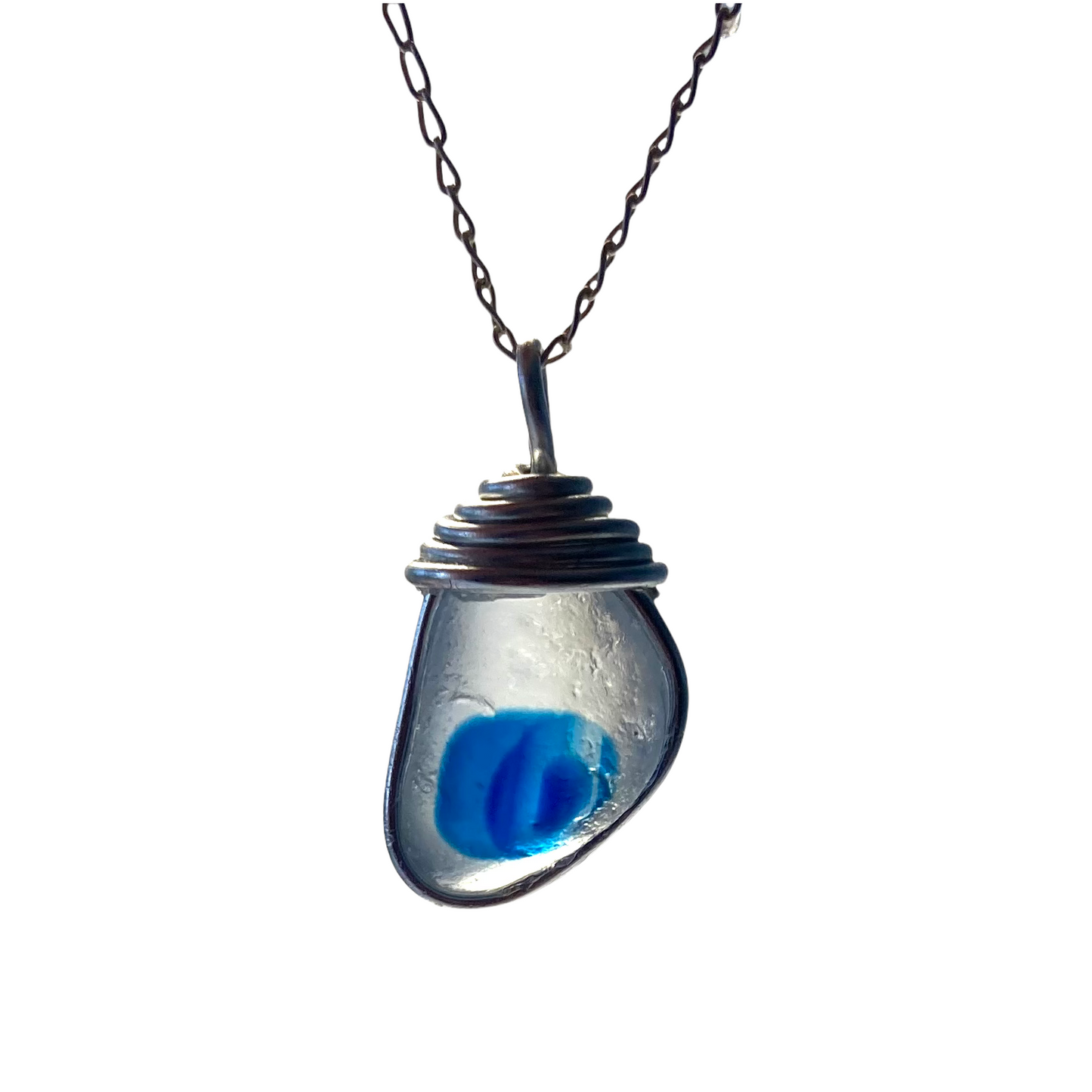 Seaham Sea Glass Blue and White Pendant .