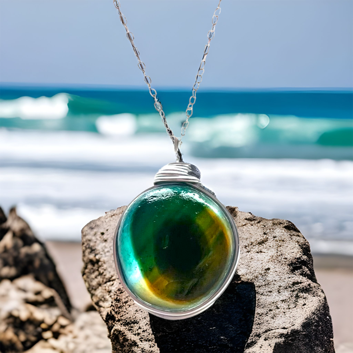 Very Large Rare Seaham Sea Glass Round Multicolour Green and Yellow Pendant Necklace