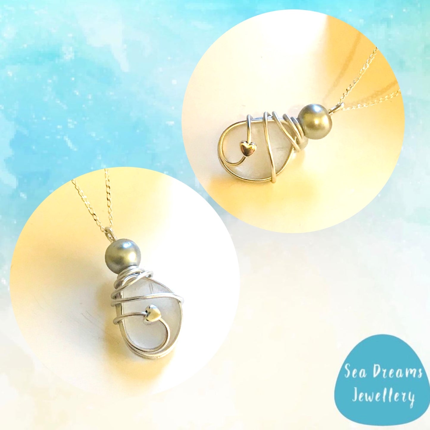 White Seaham Sea Glass Mini Heart Pendant on a 20” Sterling silver chain
