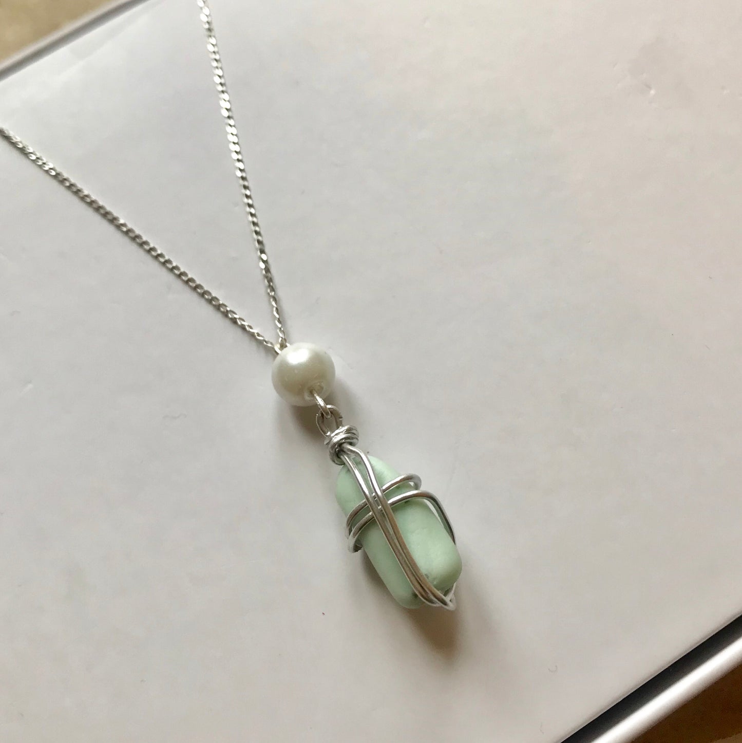 Seaham Sea Glass - Pale Blue Milk Glass - Pendant on 20” Sterling Silver Chain
