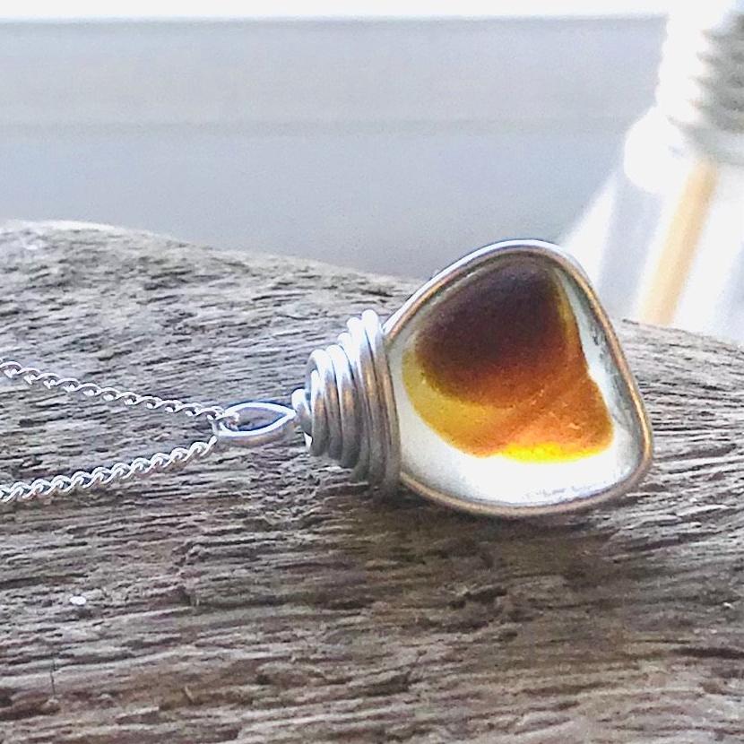 Yellow and Brown Seaham Sea Glass Pendant on a 20” Sterling Silver Chain .