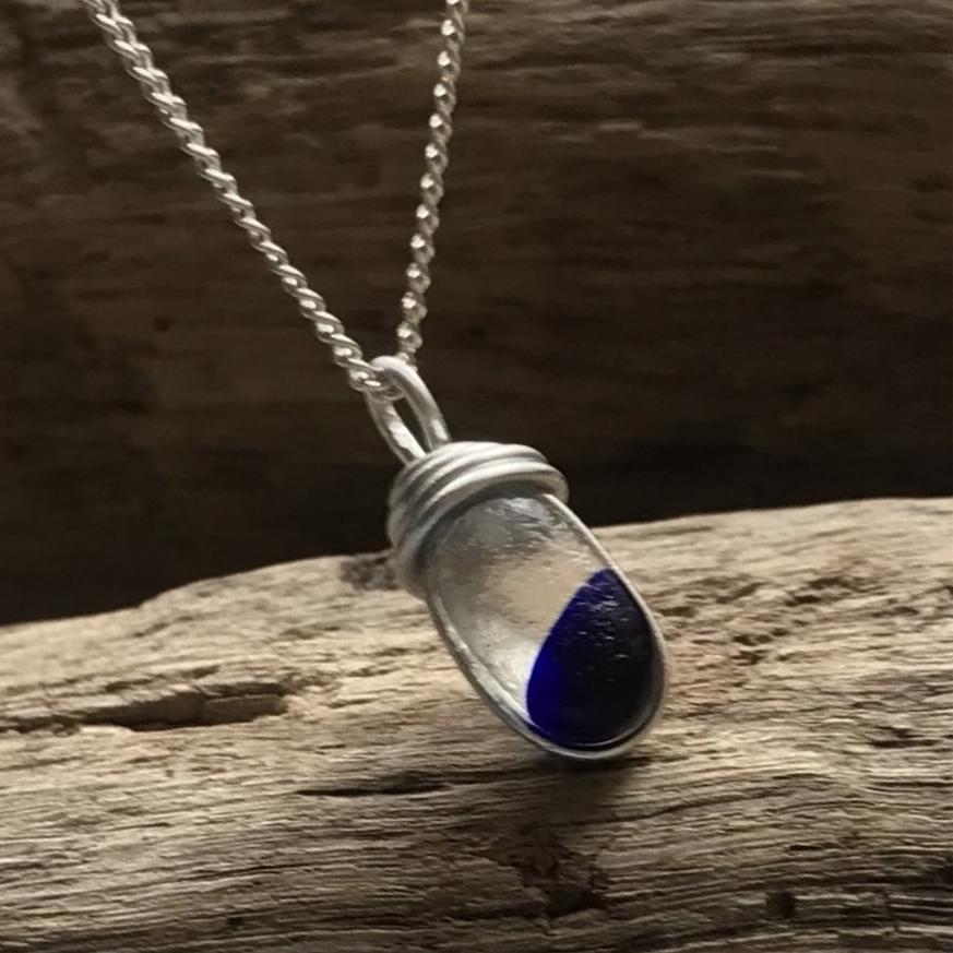 Deep Blue Spot Sea Glass Pendant on a Sterling Silver Chain