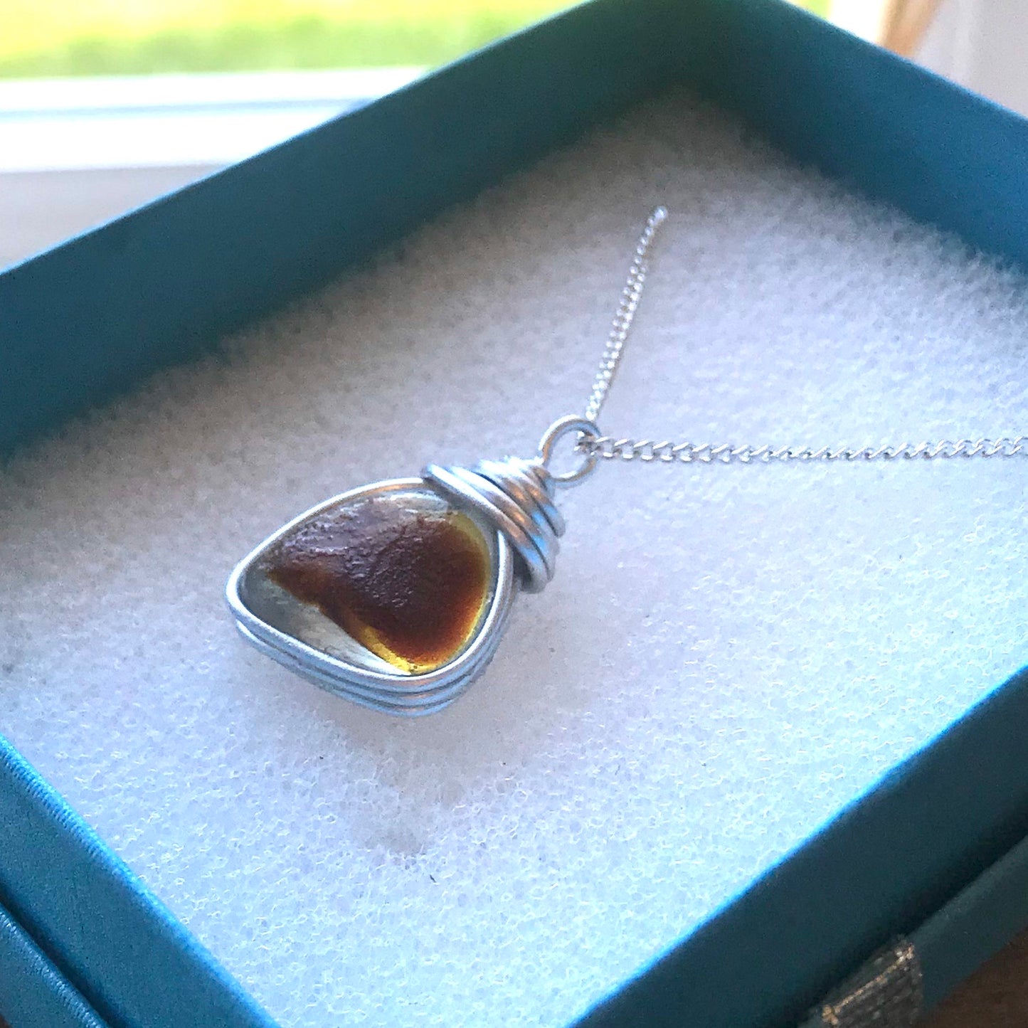 Yellow and Brown Seaham Sea Glass Pendant on a 20” Sterling Silver Chain .