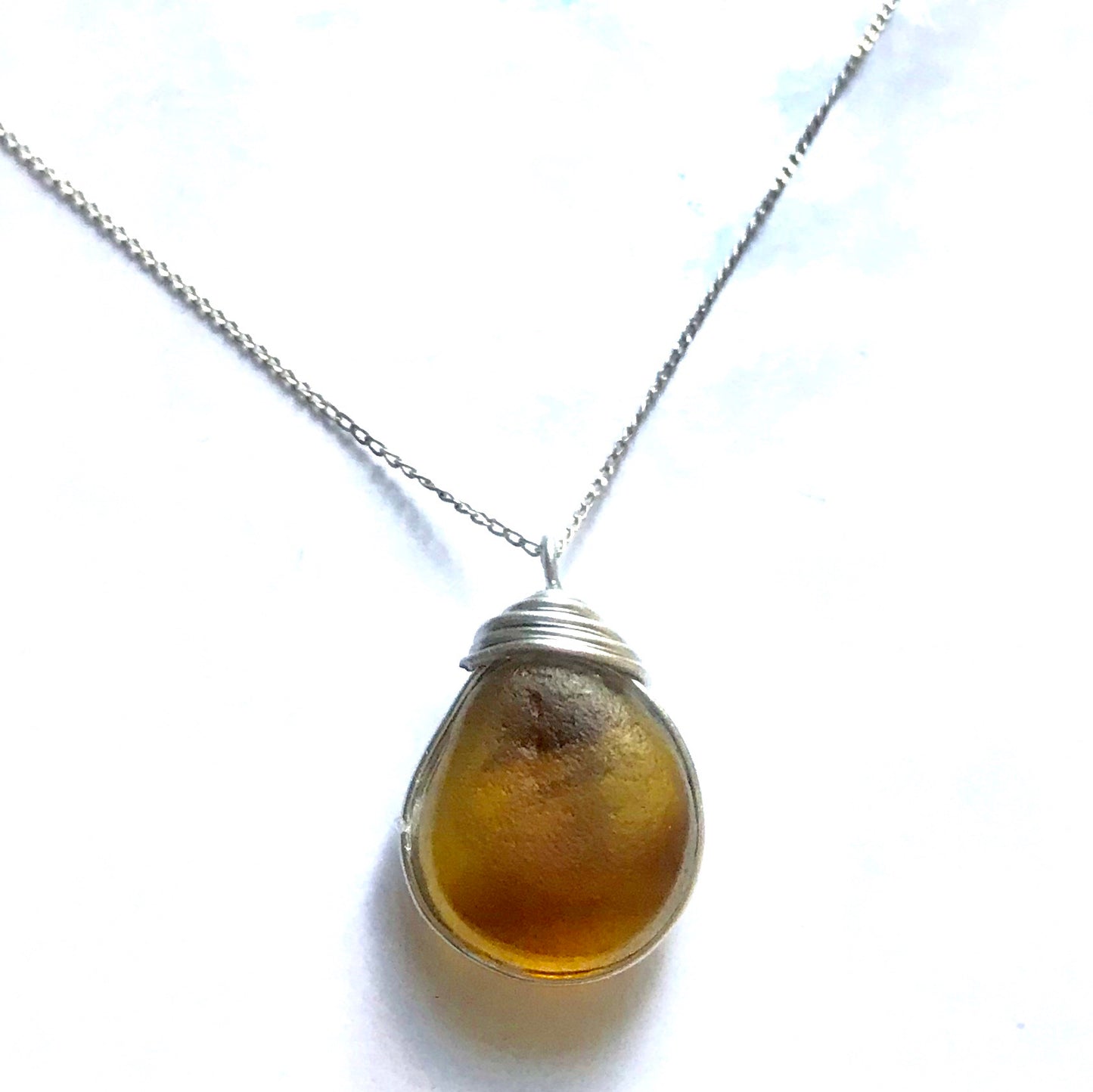 Yellow & Orange Seaham Sea Glass Pendant On a 20” Sterling Silver Chain