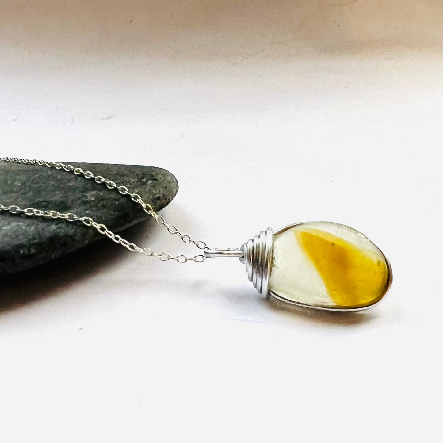 Yellow and White Seaham Sea Glass Pendant