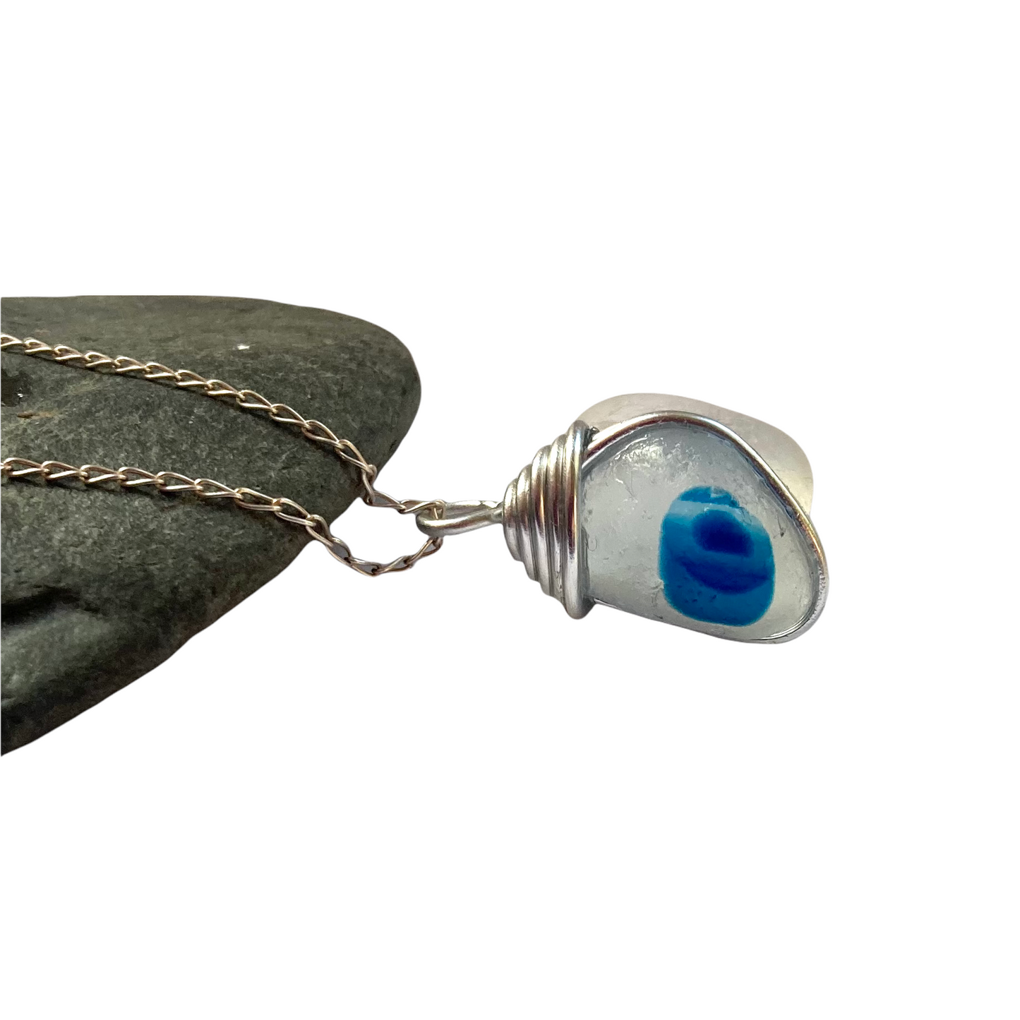 Seaham Sea Glass Blue and White Pendant .