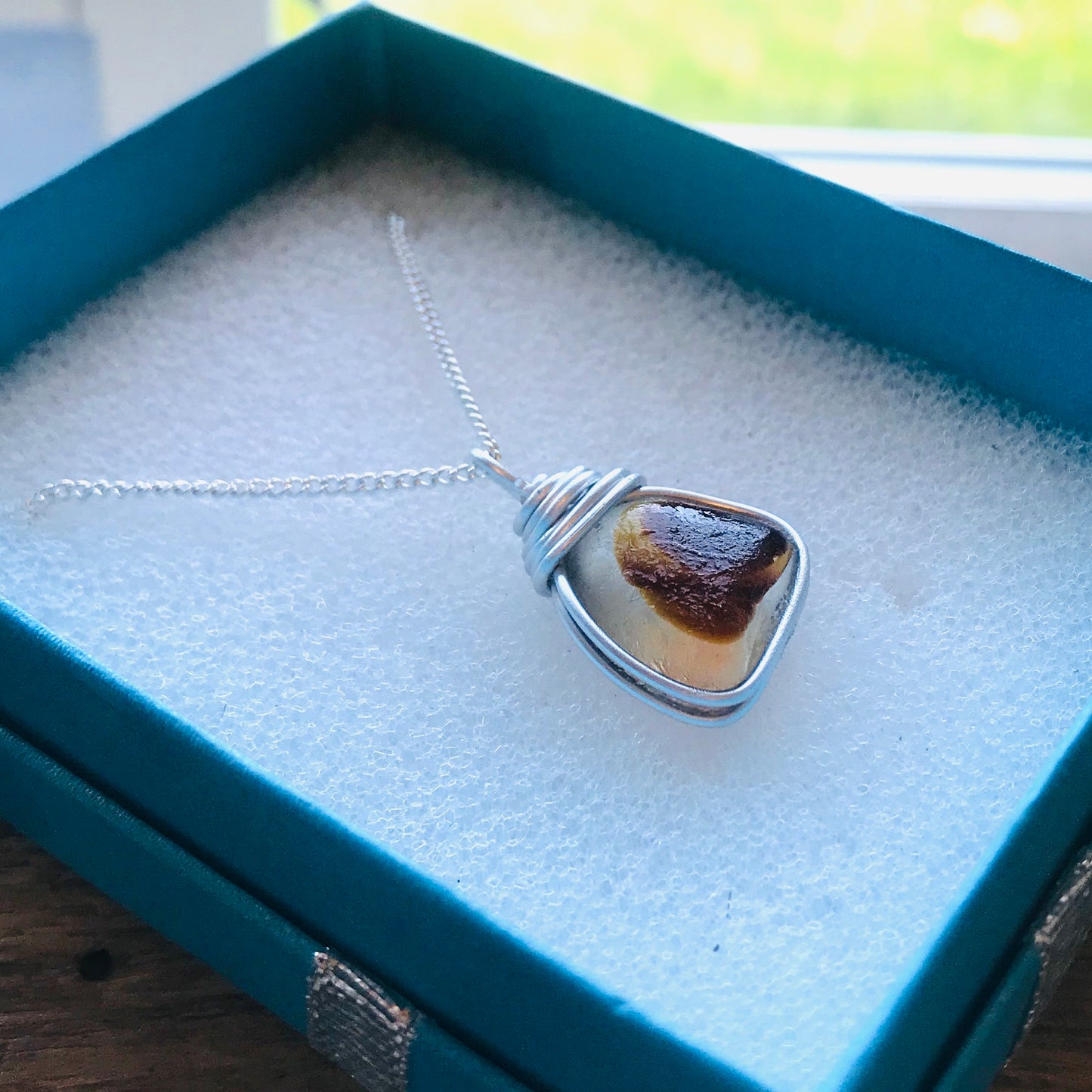 Yellow and Brown Seaham Sea Glass Pendant on a 20” Sterling Silver Chain .