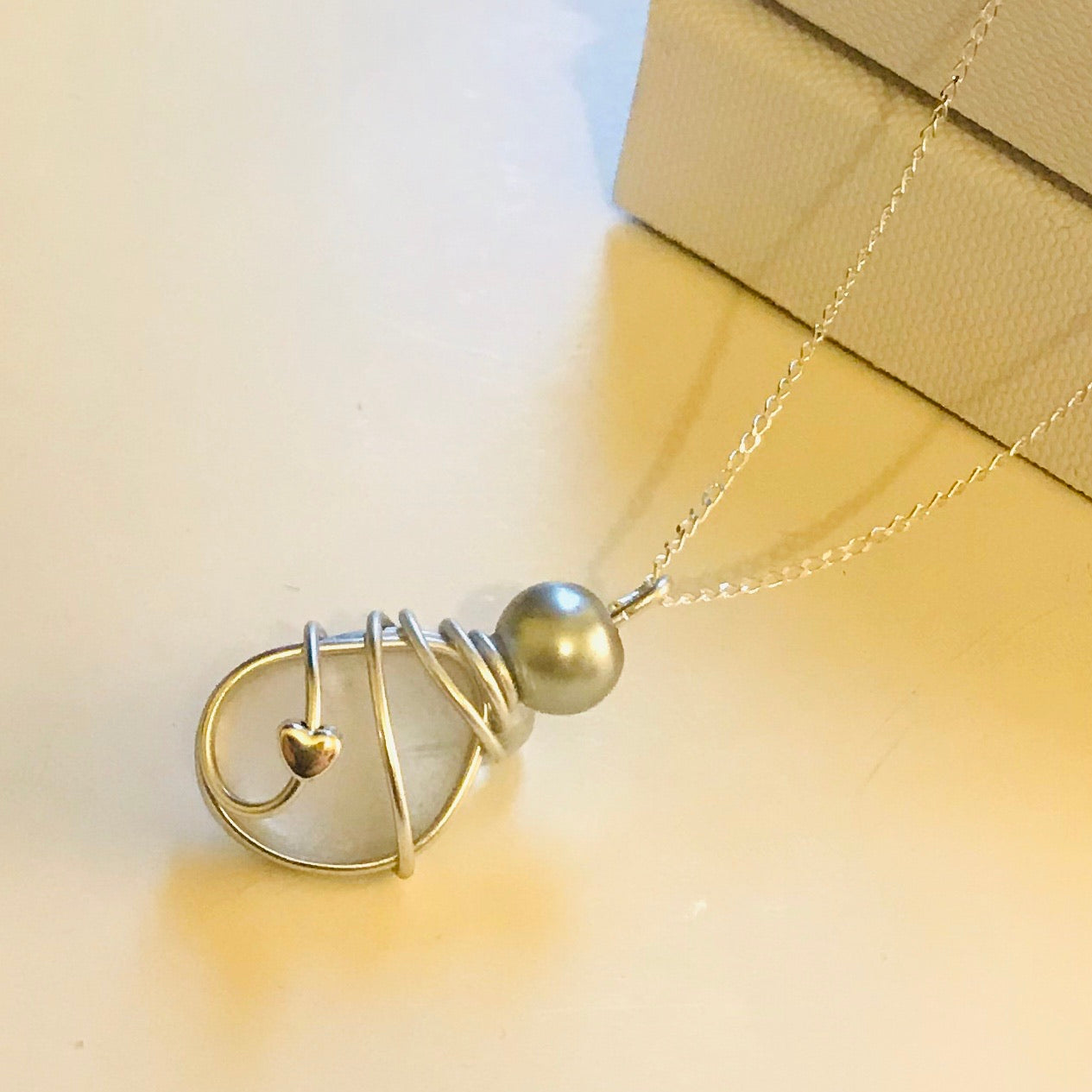 White Seaham Sea Glass Mini Heart Pendant on a 20” Sterling silver chain