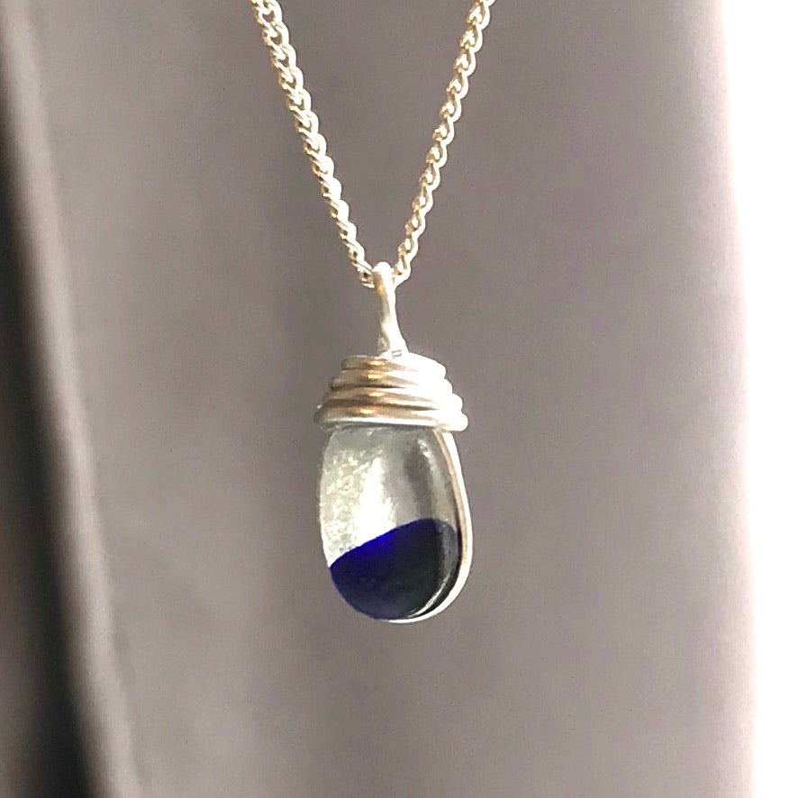 Deep Blue Spot Sea Glass Pendant on a Sterling Silver Chain