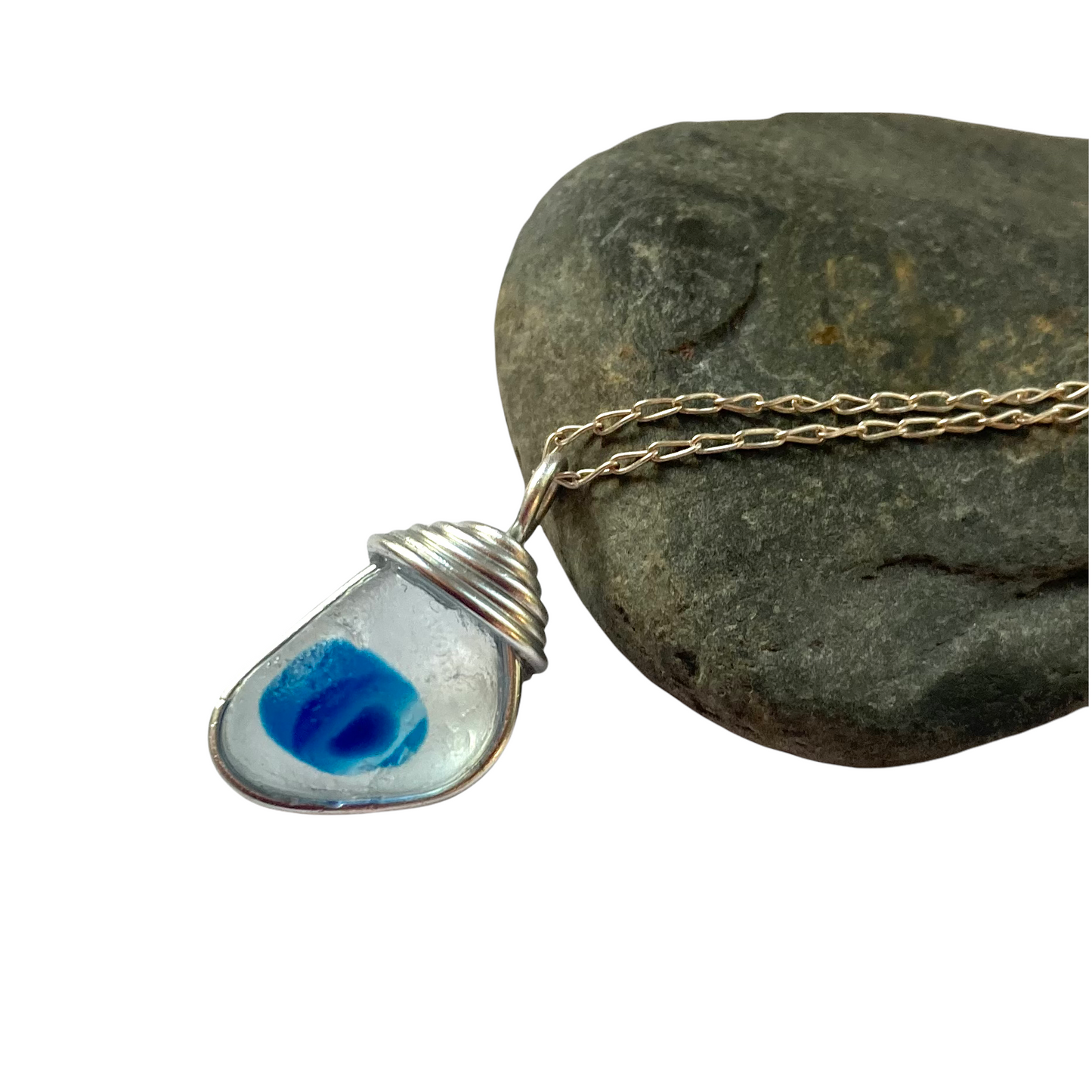 Seaham Sea Glass Blue and White Pendant .