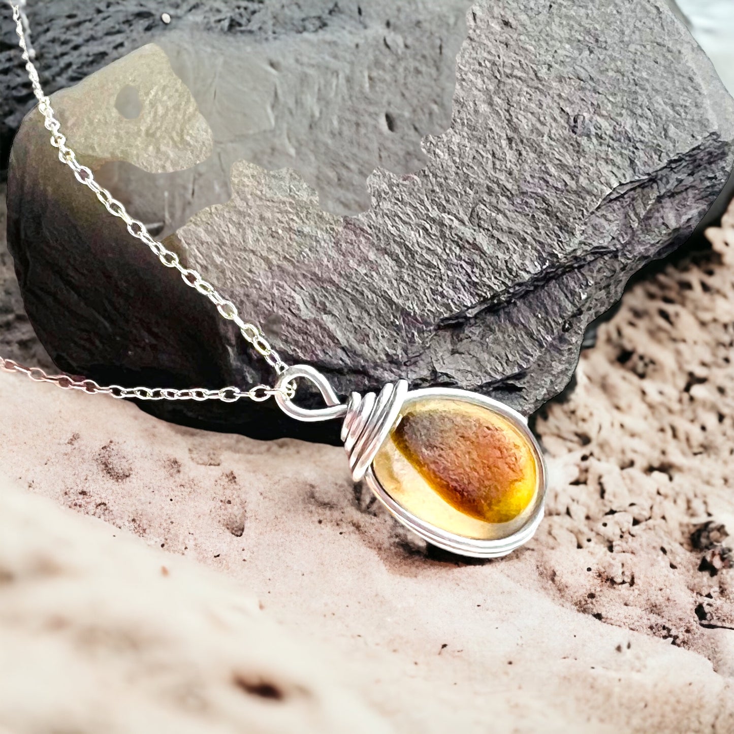 Yellow and Amber Seaham Sea Glass Multi Tone Pendant Necklace