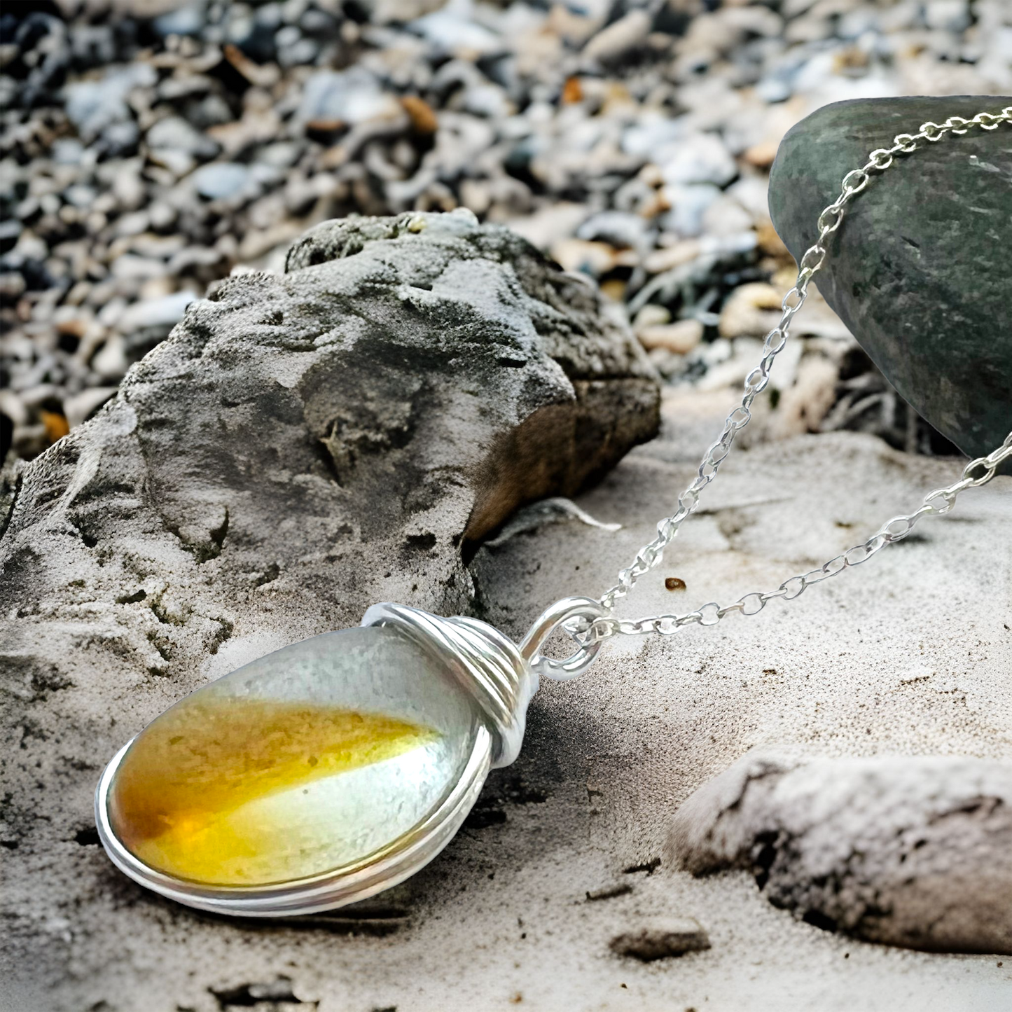 Yellow and White Seaham Sea Glass Pendant